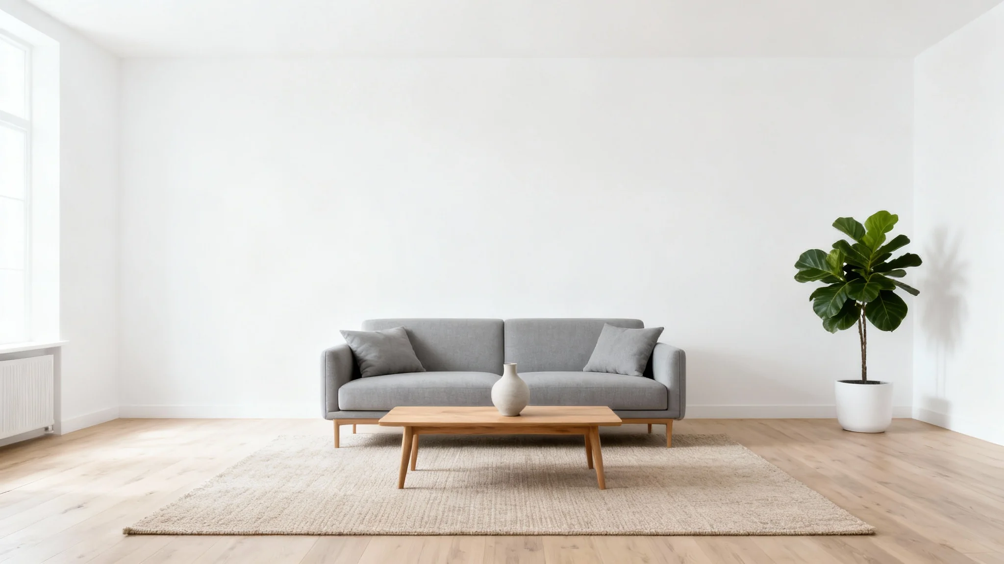 A beautifully staged modern living room with neutral-colored furniture, a large potted plant, and abundant natural light, creating a spacious and inviting atmosphere.