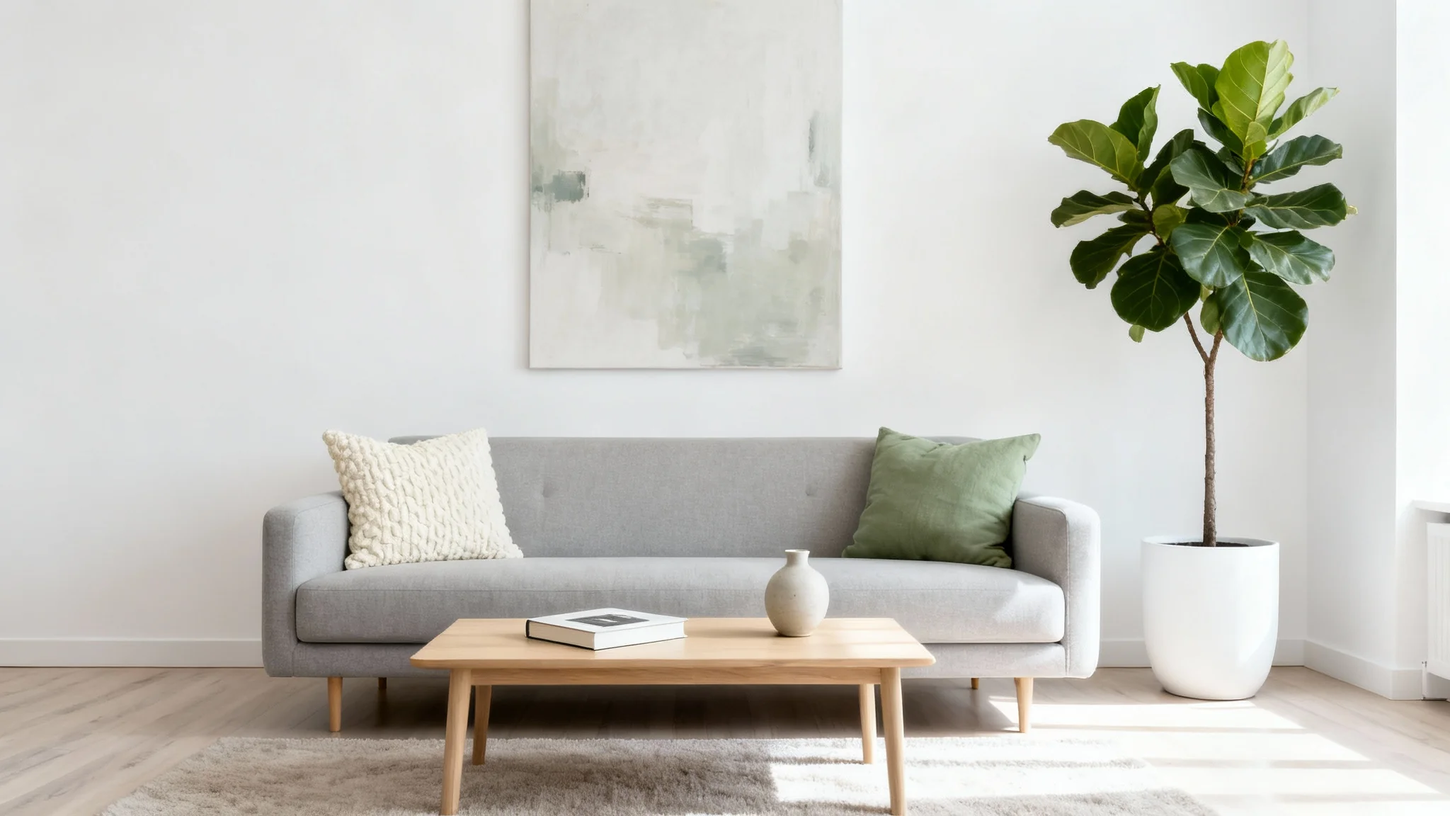 A photorealistic mockup of a professionally staged, modern living room with minimalist furniture, a neutral color palette, and a large plant, set against a plain white background to emphasize its clean and inviting design.
