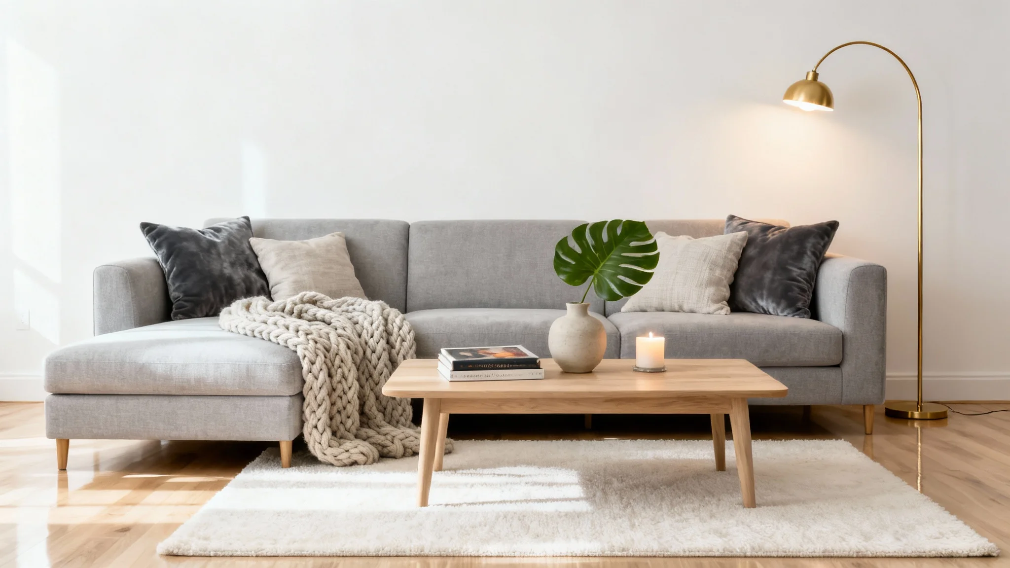 A professionally staged modern living room with a gray sofa, minimalist furniture, and tasteful decor, presented as a bright and inviting space on a clean white background.