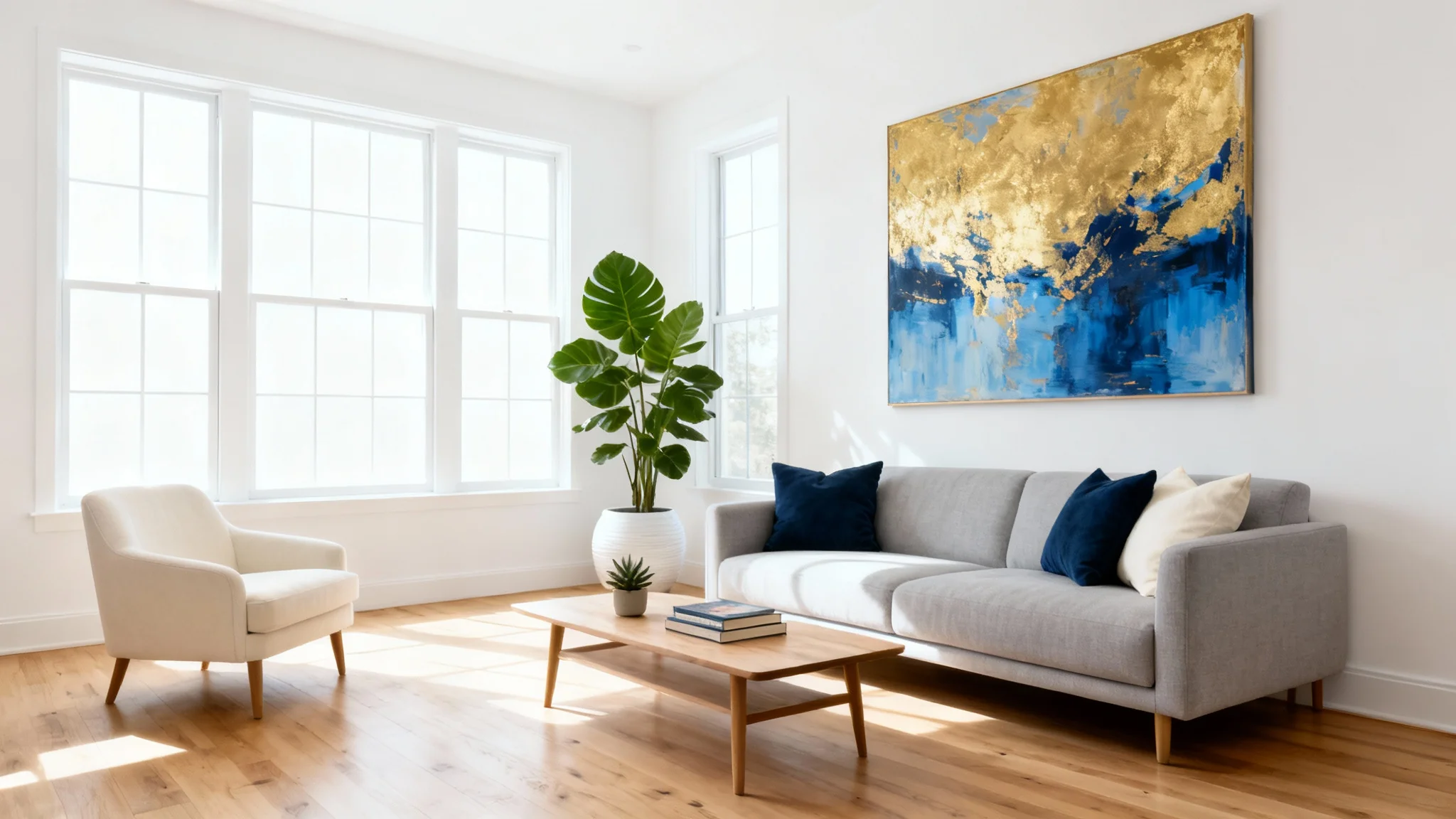 A professionally staged modern living room with a gray sofa, wooden coffee table, and abundant natural light, showcasing the benefits of home staging.
