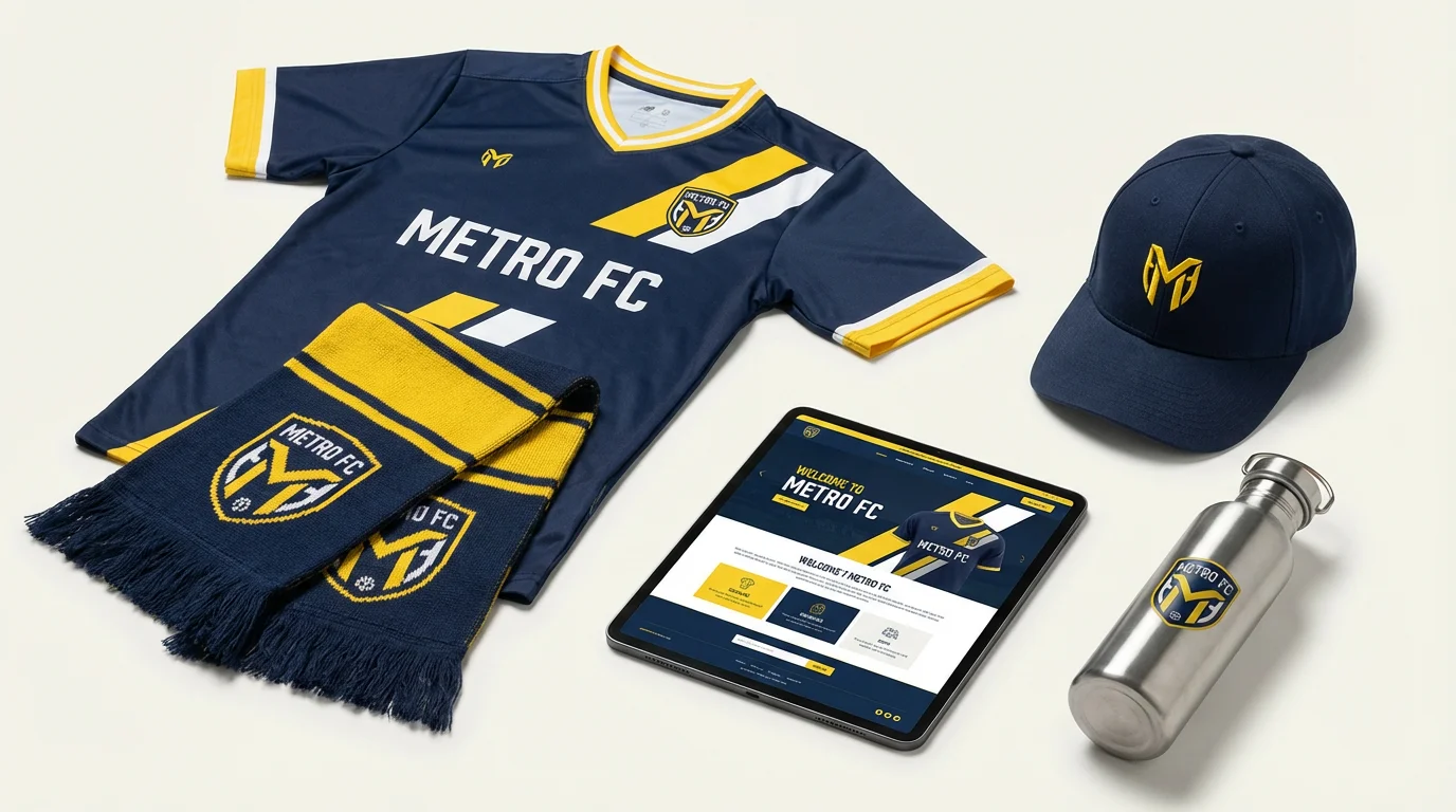 A professionally arranged collection of sports team merchandise in navy blue, electric yellow, and white, including a jersey, scarf, and cap, showcasing the final result of a team color branding tool.