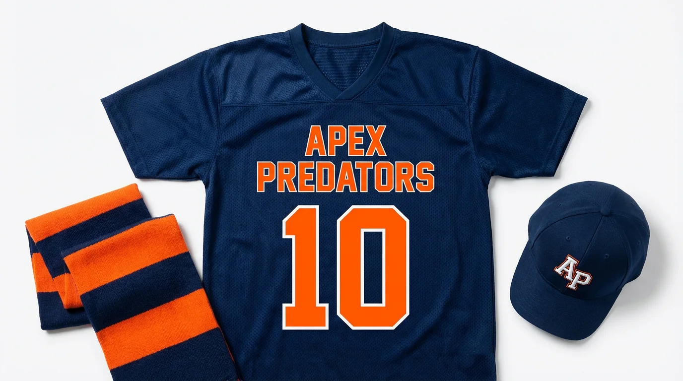 A flat lay of fictional sports team merchandise on a white background, including a navy blue and orange jersey, a striped scarf, and a baseball cap, all showcasing the team's colors.