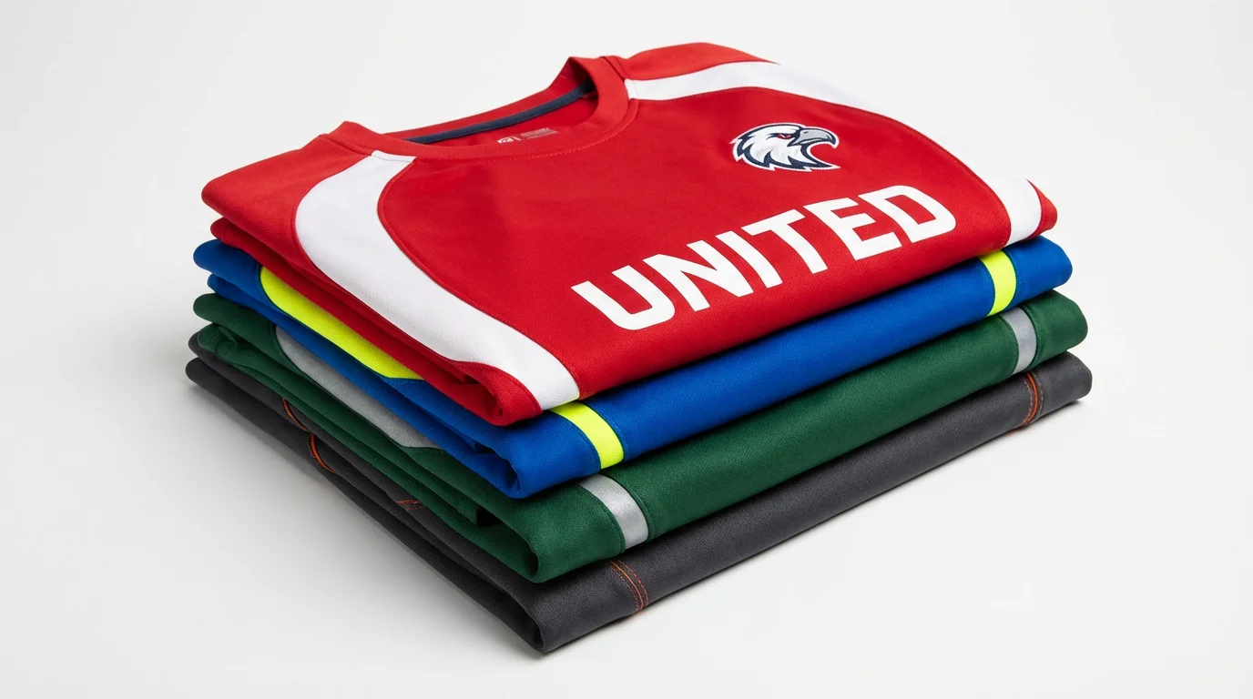 A neat stack of folded sports jerseys in various vibrant team colors, blue and yellow, red and white, green and silver, photographed from above on a clean white background.
