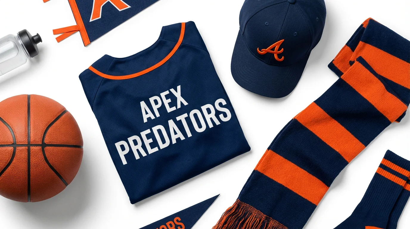 A collection of sports merchandise for a fictional team, including a navy and orange jersey, cap, and scarf, arranged with a basketball on a white background.