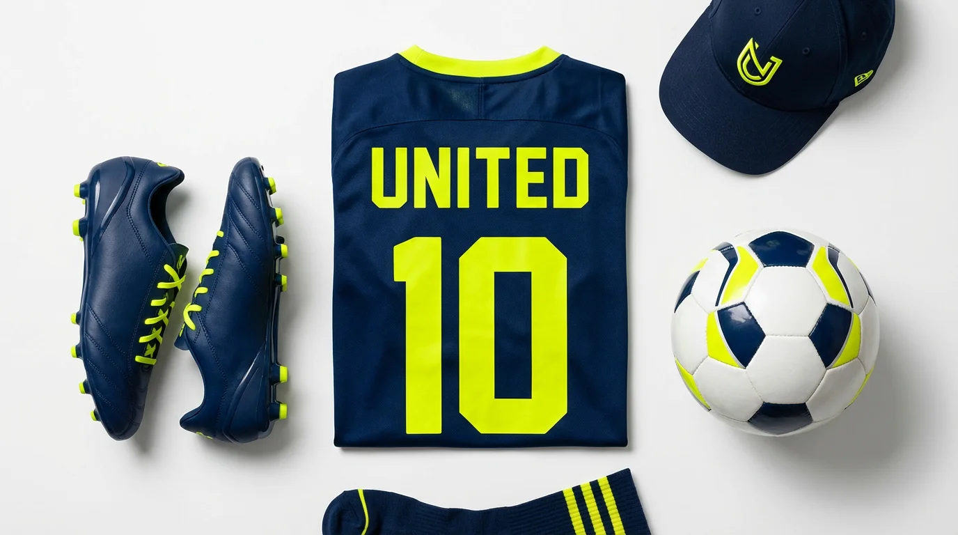 A flat lay of a navy blue and electric yellow sports team kit on a white background, including a jersey, cleats, and a soccer ball, showcasing a unified team color scheme.