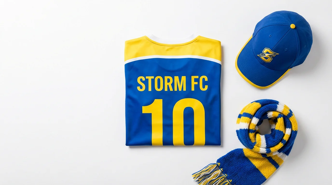 A top-down view of sports merchandise in a blue, yellow, and white color scheme. A jersey with the text 'STORM FC' and the number '10', a cap, and a scarf are arranged on a white background, representing team colors.