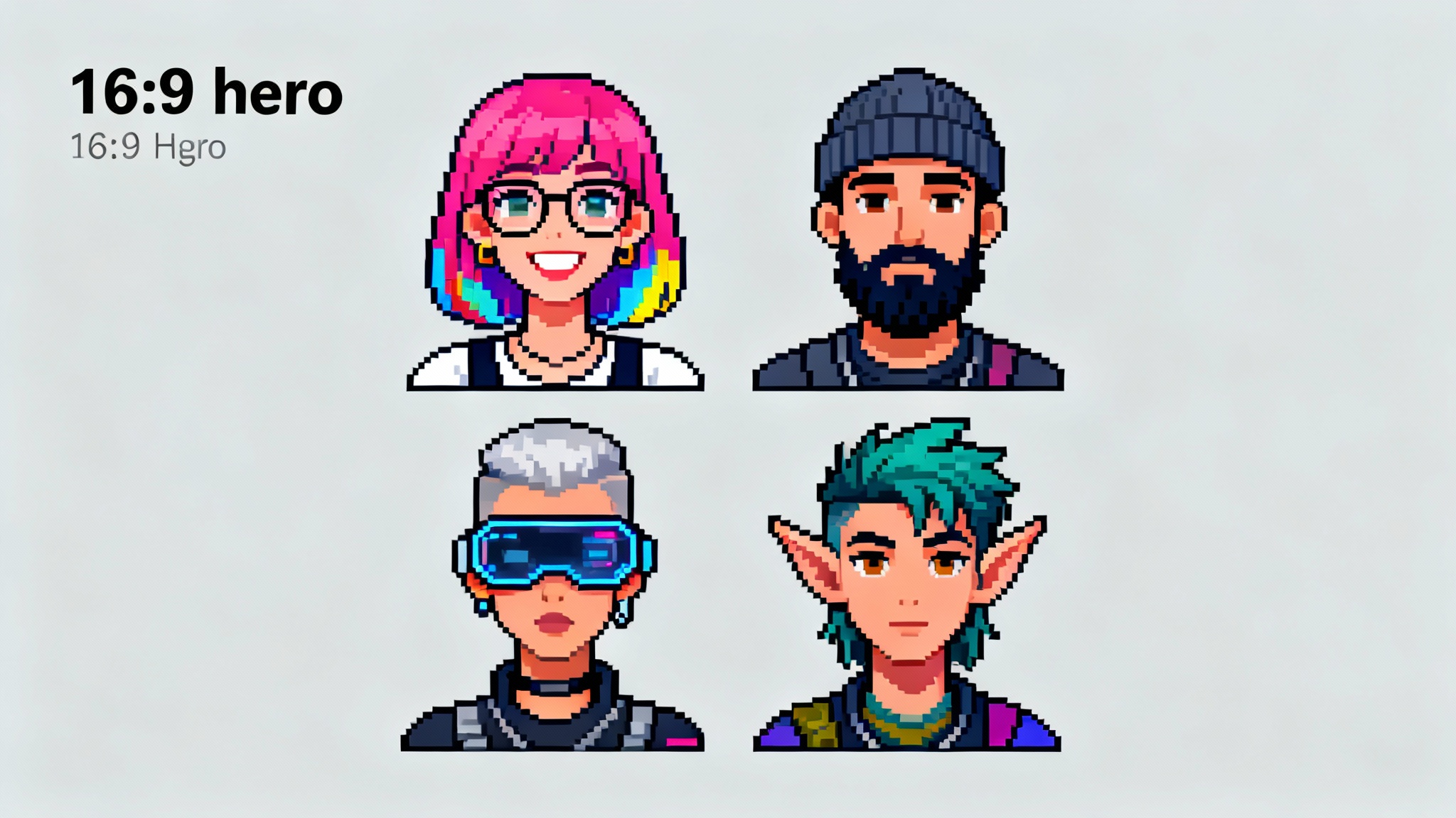 A collage of four detailed and colorful pixel art headshots showing diverse characters, including a woman with pink hair and a man with a beard, arranged in a grid on a light background.