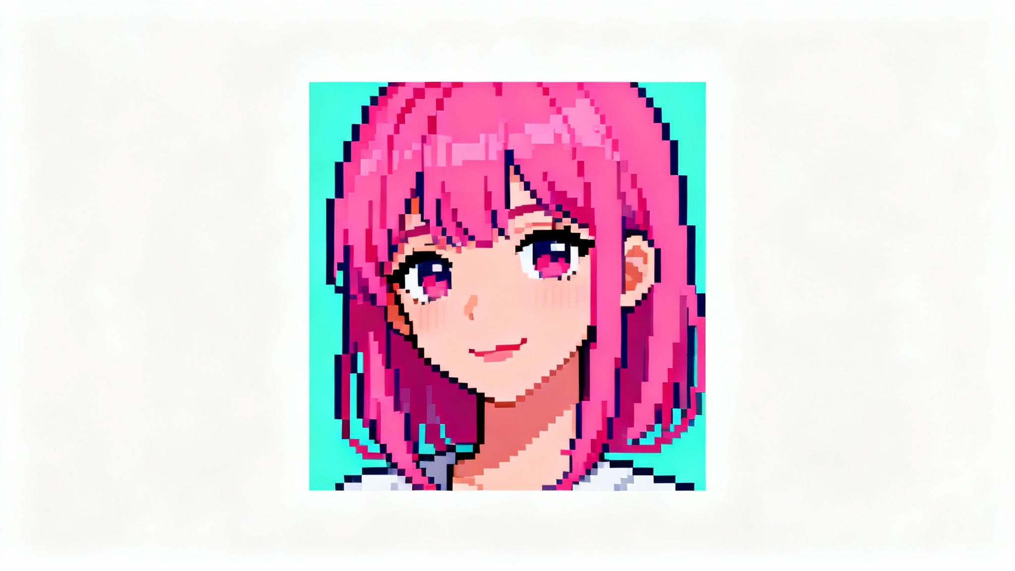 A close-up of a 16-bit pixel art headshot, showcasing a woman with bright pink hair and a slight smile against a teal background, presented on a white background.