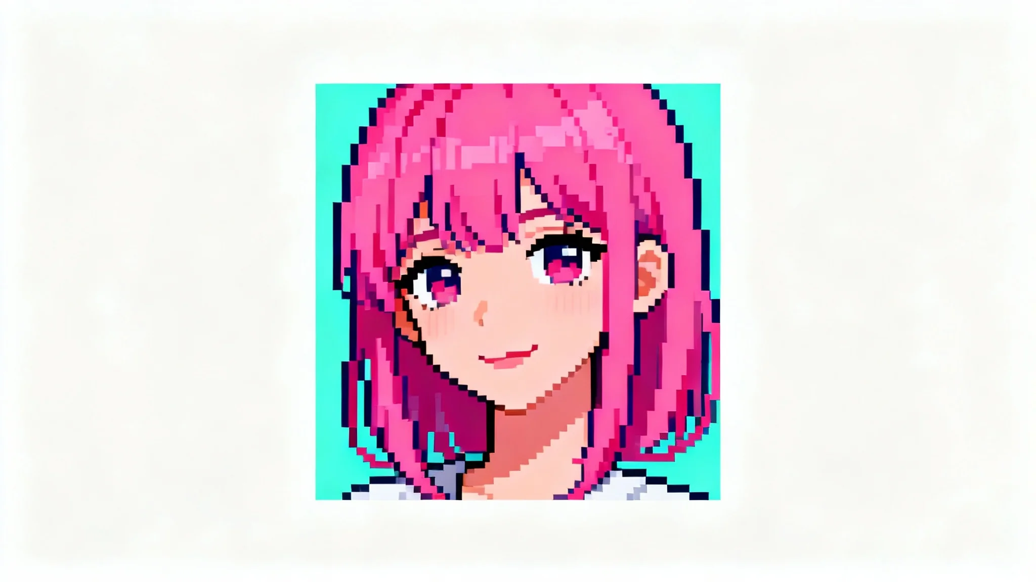 A close-up of a 16-bit pixel art headshot, showcasing a woman with bright pink hair and a slight smile against a teal background, presented on a white background.