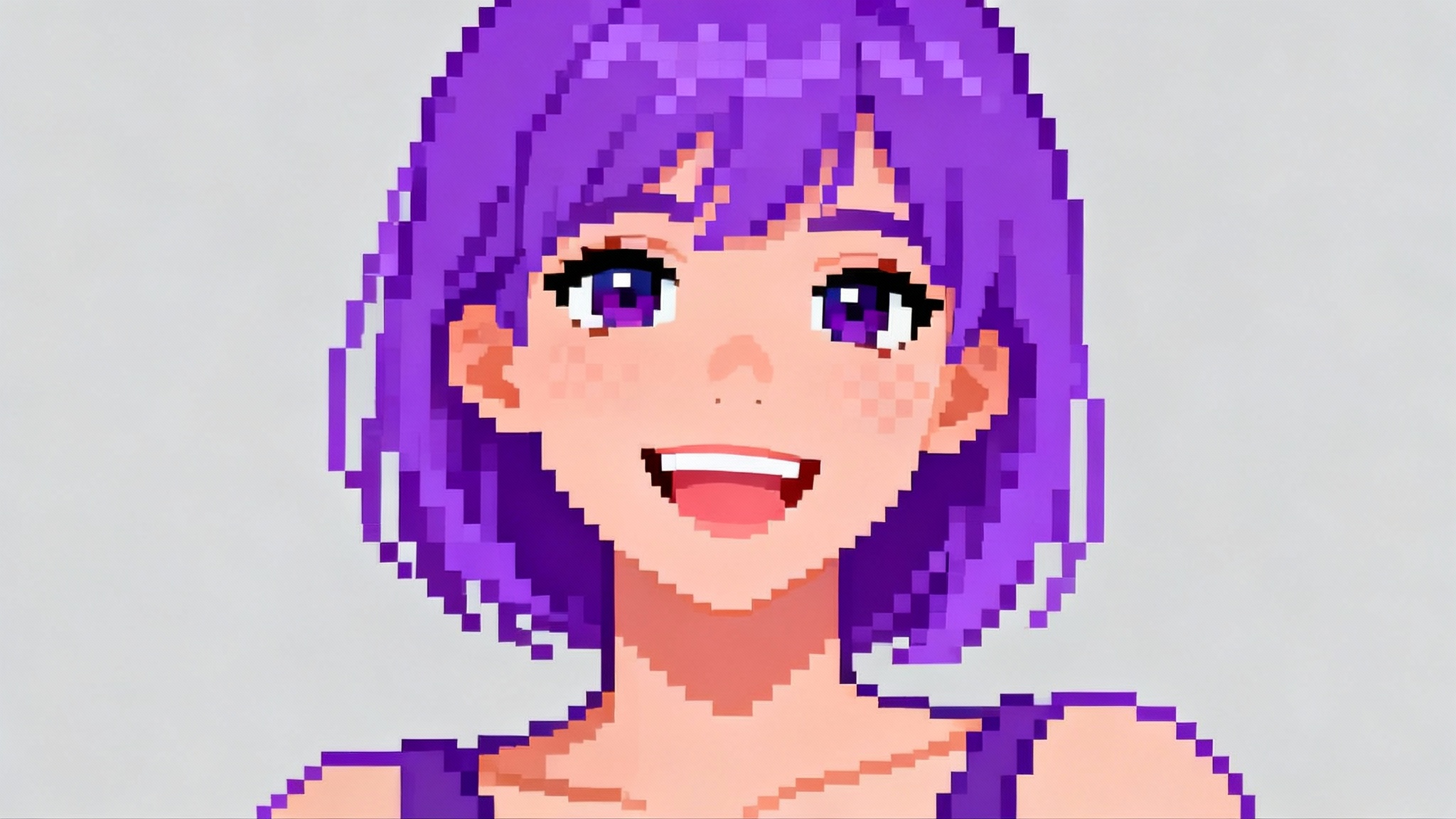 A vibrant pixel art headshot of a smiling woman with purple hair, presented as a character portrait against a plain background.