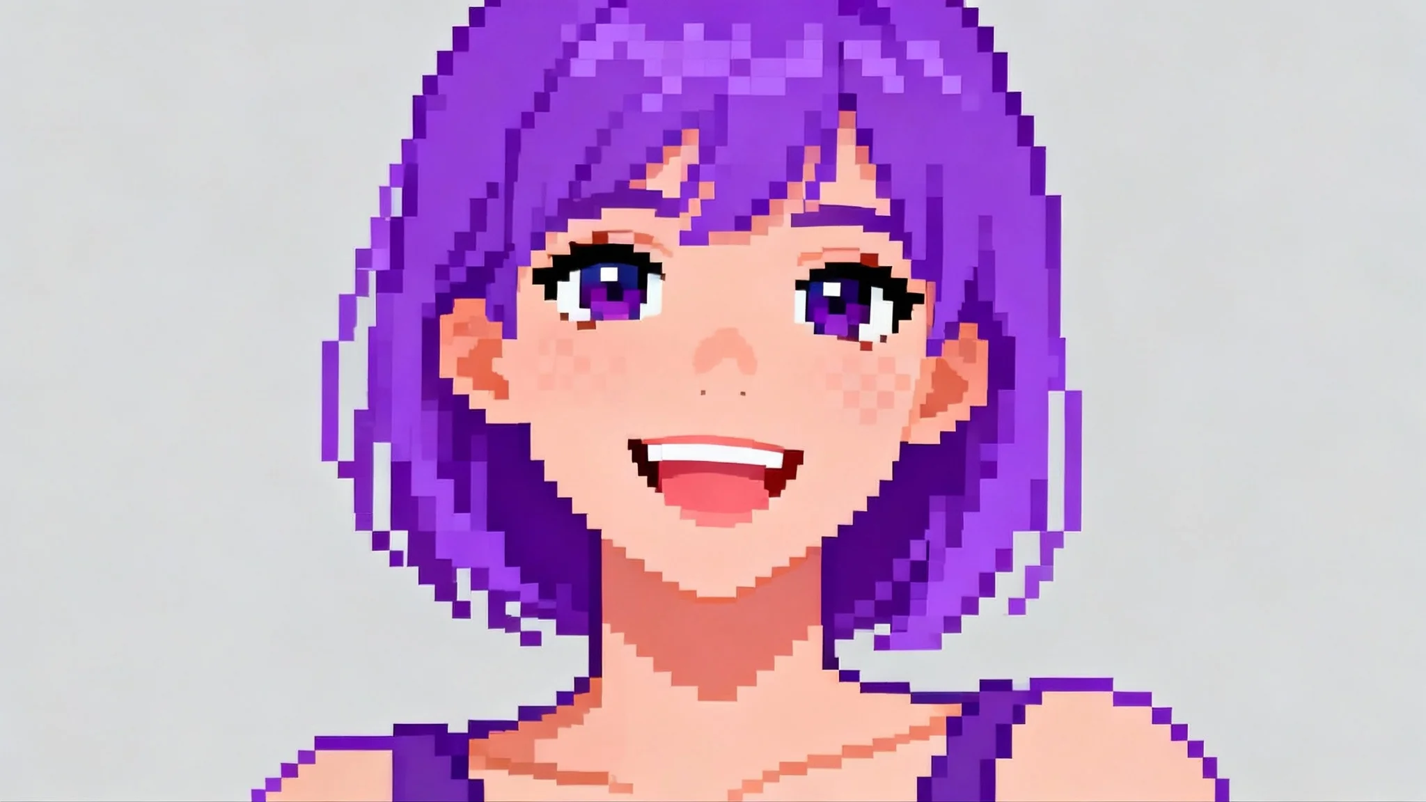 A vibrant pixel art headshot of a smiling woman with purple hair, presented as a character portrait against a plain background.