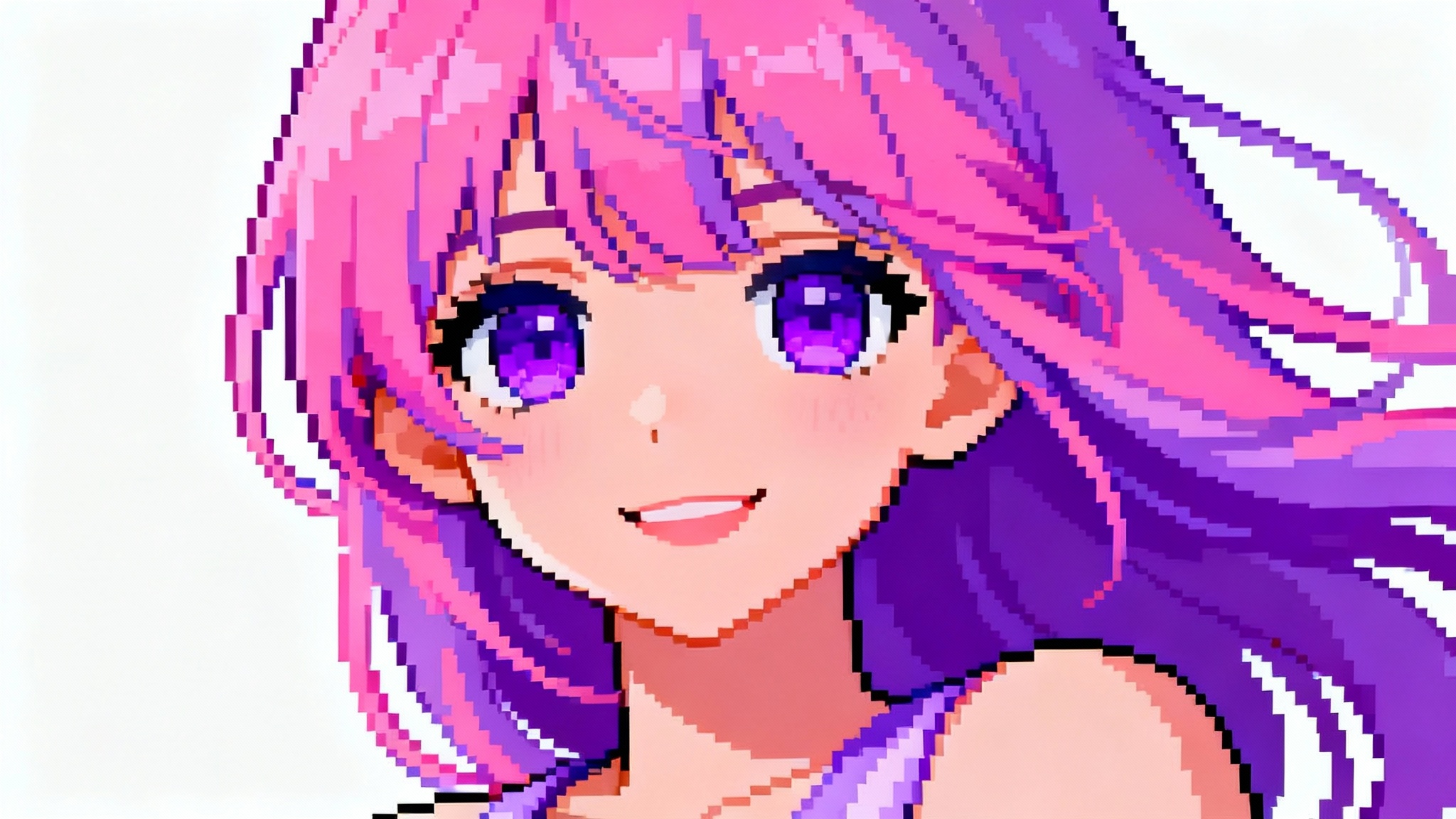 A vibrant 16-bit pixel art headshot of a woman with pink and purple hair, set against a clean white background.