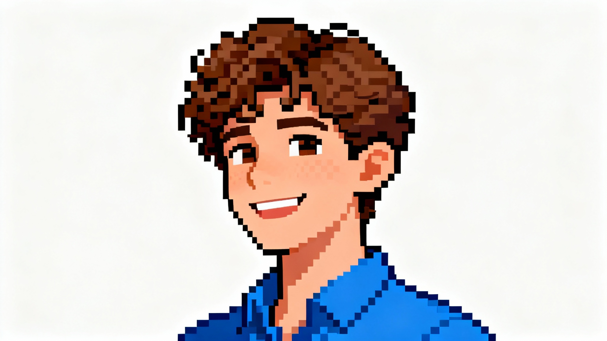 A detailed pixel art headshot of a young man with curly hair, smiling. The portrait is done in a 16-bit style against a clean white background, showcasing the pixel art creation.