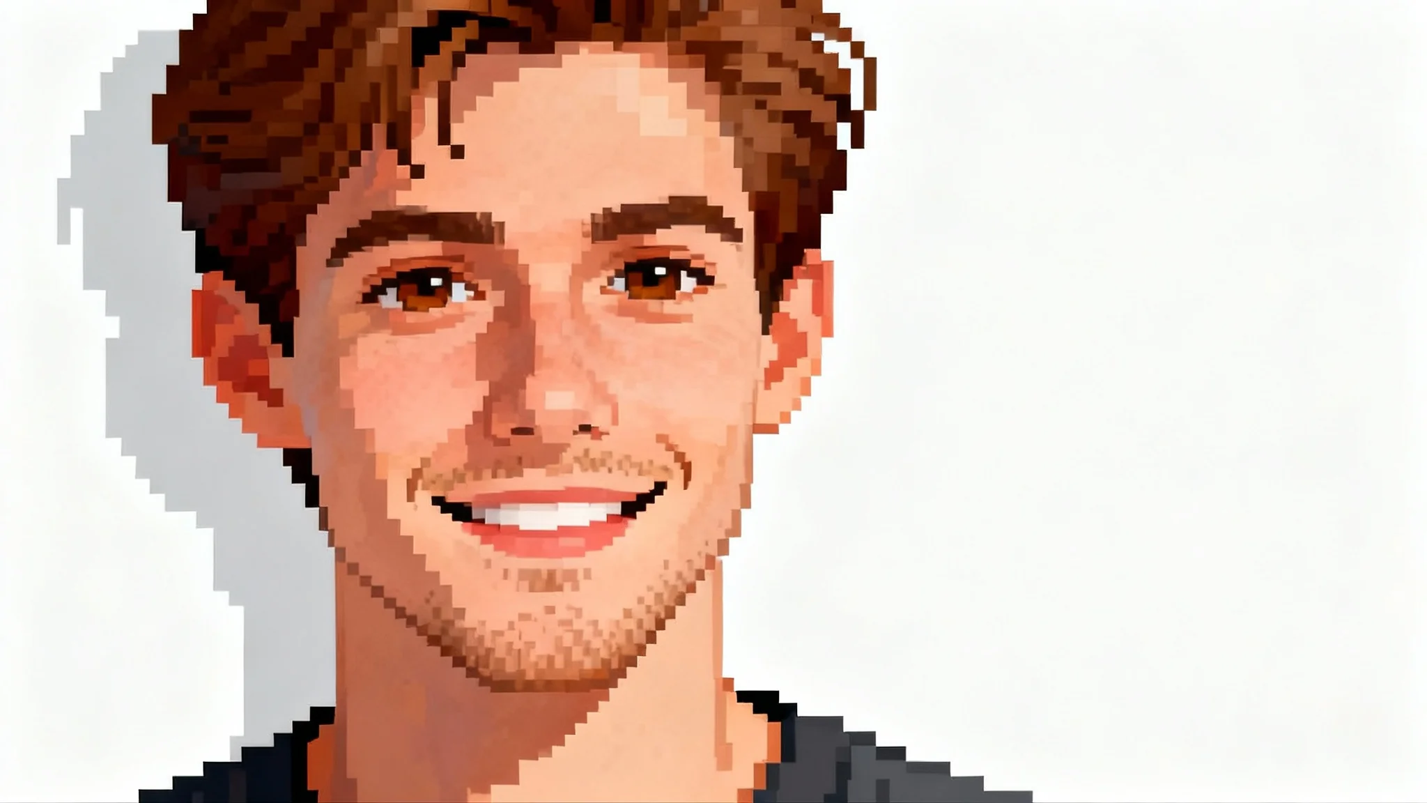A detailed pixel art headshot of a smiling young man with brown hair, presented as a high-quality mockup on a plain white background.