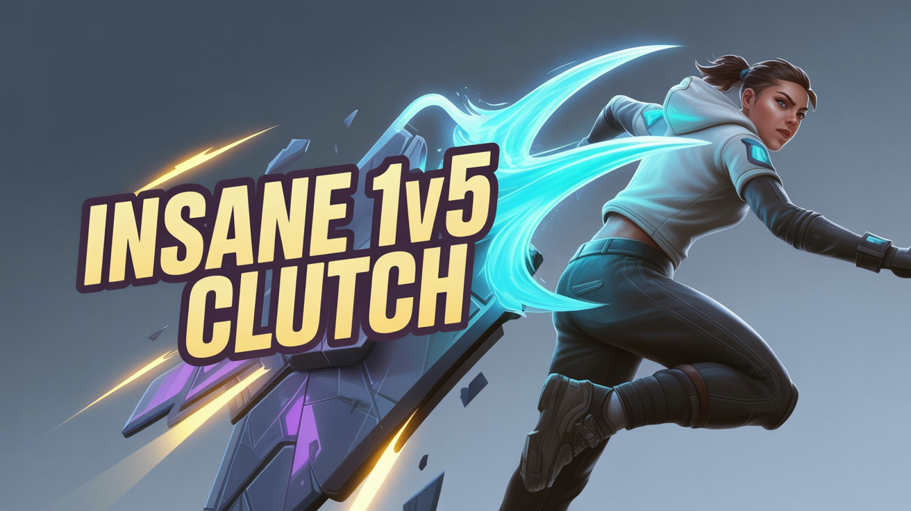 A professionally designed Valorant YouTube thumbnail showing a female agent in an action pose against a purple and yellow abstract background, with bold, stylized text that reads 'INSANE 1v5 CLUTCH'.