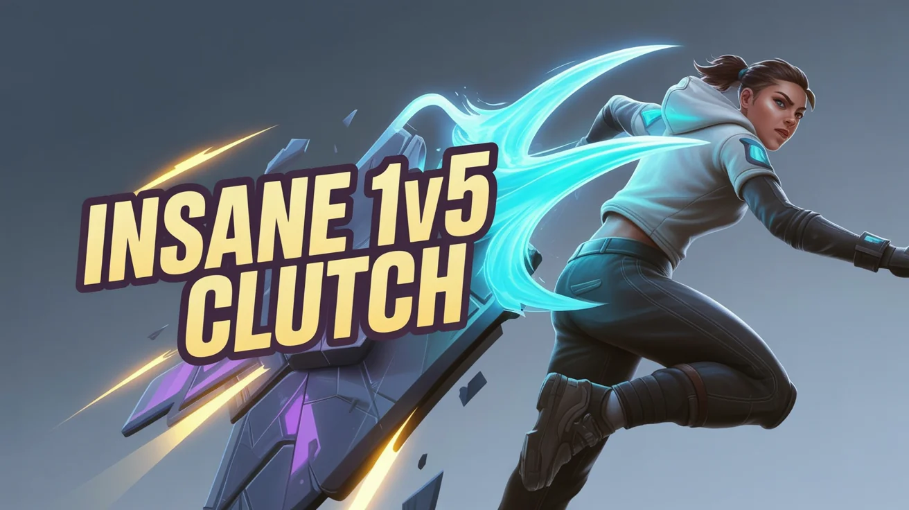 A professionally designed Valorant YouTube thumbnail showing a female agent in an action pose against a purple and yellow abstract background, with bold, stylized text that reads 'INSANE 1v5 CLUTCH'.