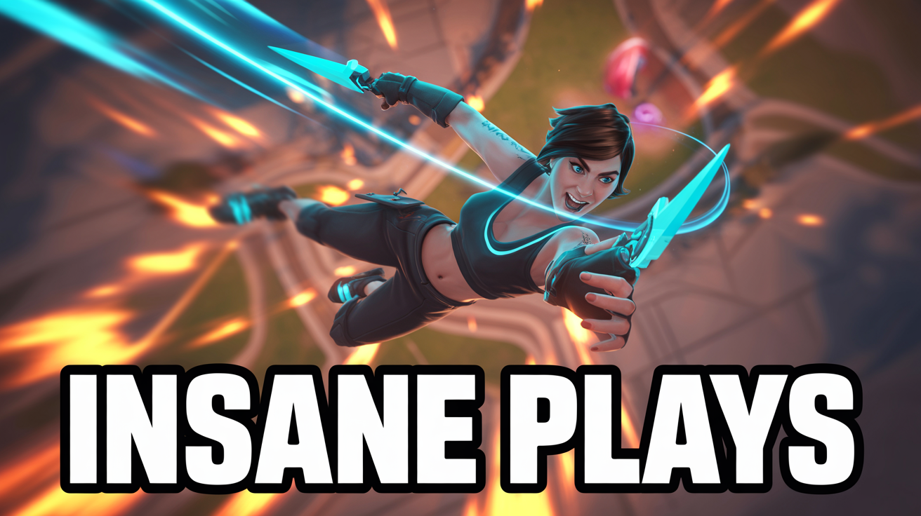 A mockup of a vibrant Valorant YouTube thumbnail featuring the agent Jett mid-air with glowing knives, with the text 'INSANE PLAYS' at the bottom, set against a white background.