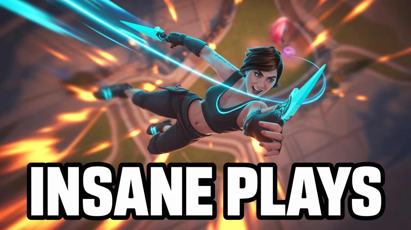 A mockup of a vibrant Valorant YouTube thumbnail featuring the agent Jett mid-air with glowing knives, with the text 'INSANE PLAYS' at the bottom, set against a white background.