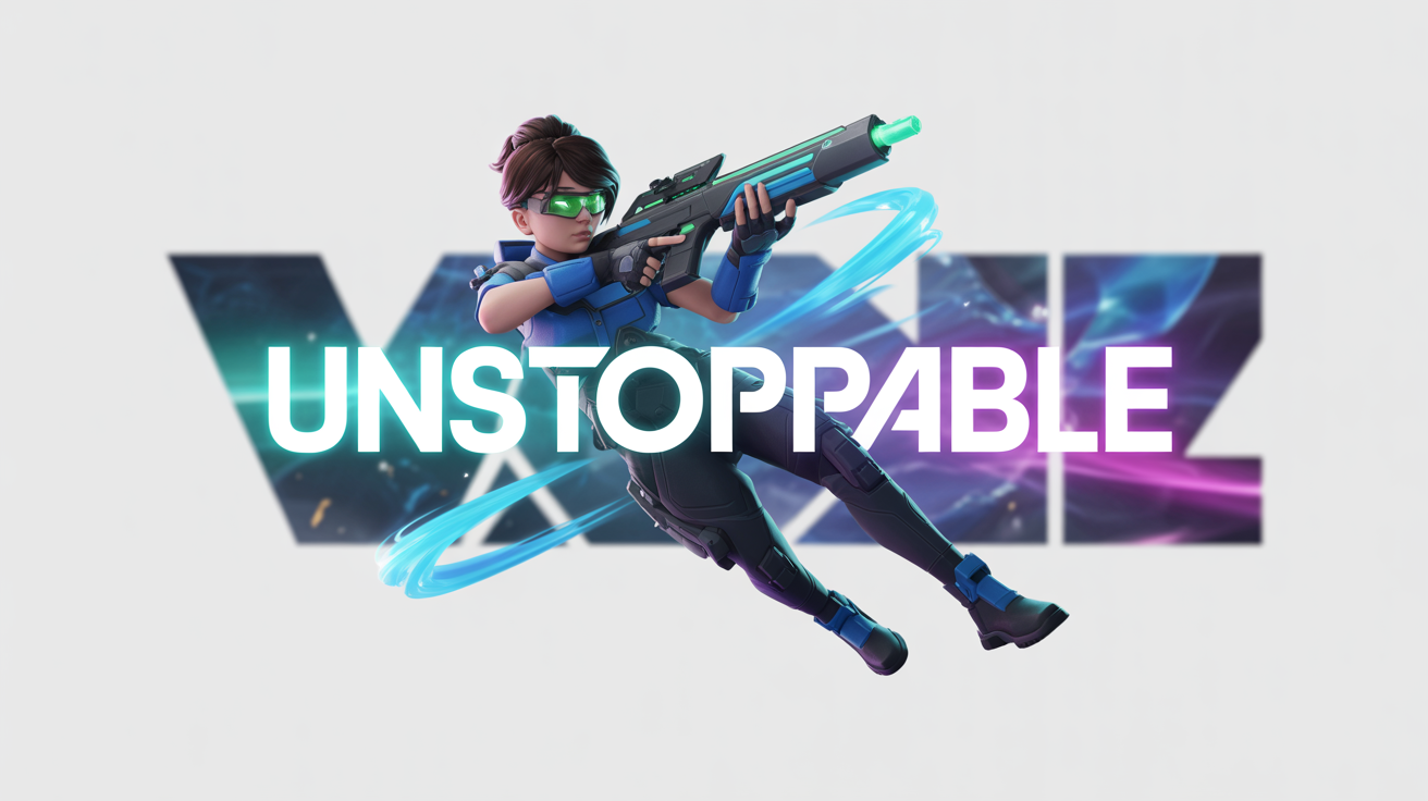 A mockup of a high-energy Valorant thumbnail on a white background. The thumbnail shows the character Jett mid-air, surrounded by blue light, with the word 'UNSTOPPABLE' in bold text.
