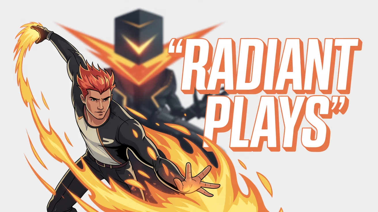 A Valorant thumbnail mockup showing the agent Phoenix surrounded by fire on the map Bind, with bold text reading 'RADIANT PLAYS'.