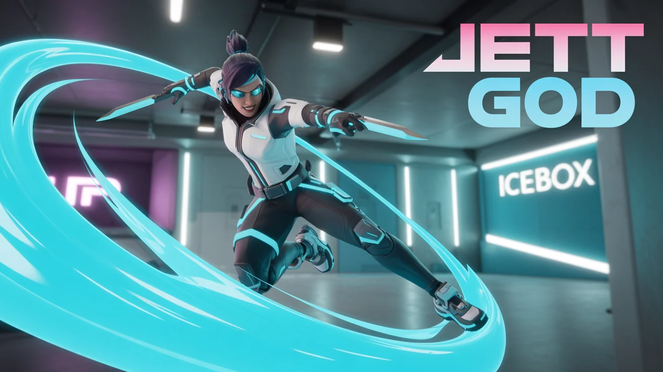 A Valorant gaming thumbnail mockup featuring the agent Jett in a dynamic action pose with her knife out, surrounded by blue energy effects. The text 'JETT GOD' is visible in the corner.