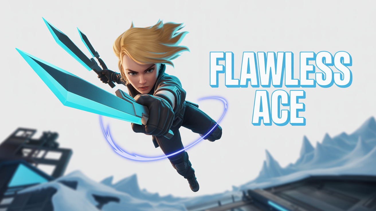 A mockup of a dynamic Valorant YouTube thumbnail showing the agent Jett throwing glowing knives against an icy backdrop. Bold text reads 'FLAWLESS ACE'. The entire mockup is presented on a white background.