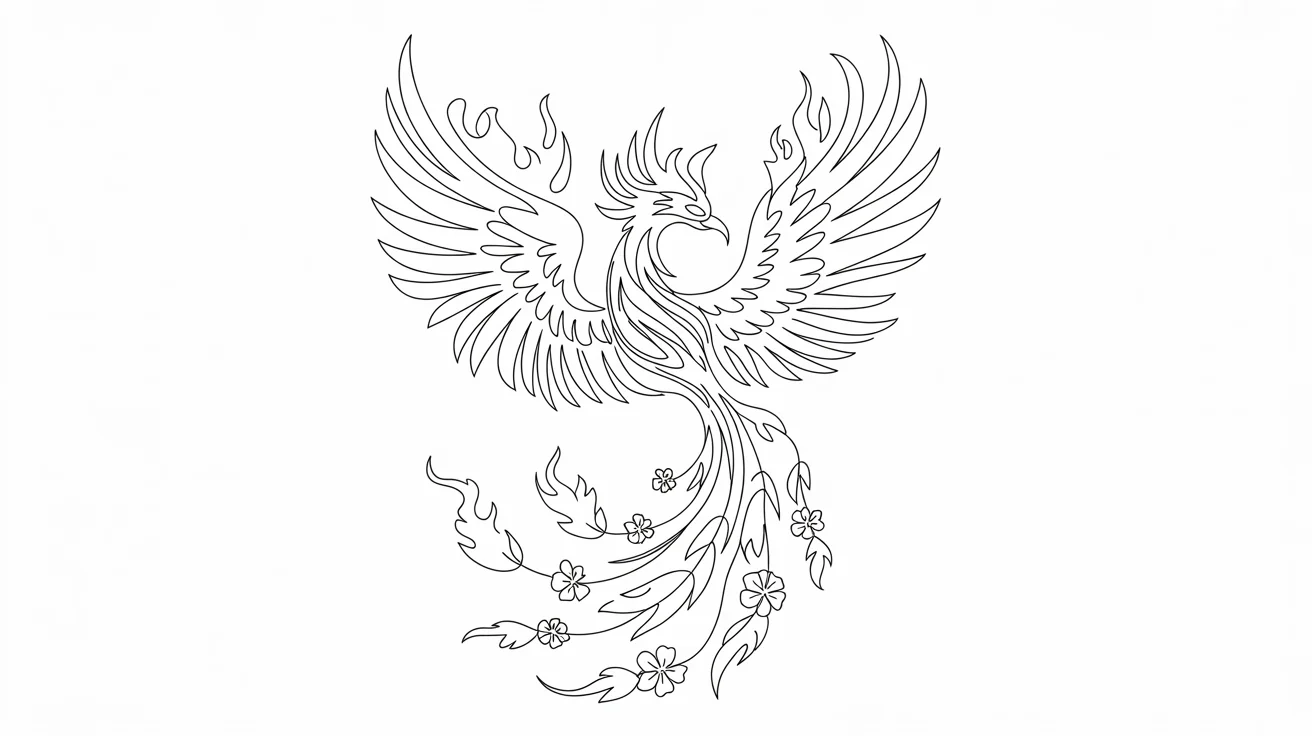 A highly detailed, continuous single-line art drawing of a phoenix on a white background, demonstrating a line art generator tool's final output.