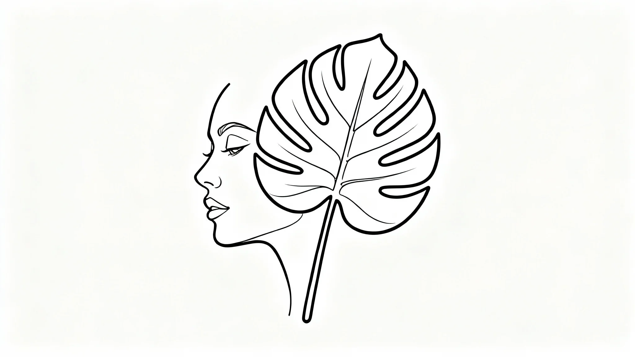 A minimalist black continuous line art drawing showing a woman's profile seamlessly blending into a leaf, set against a solid white background.