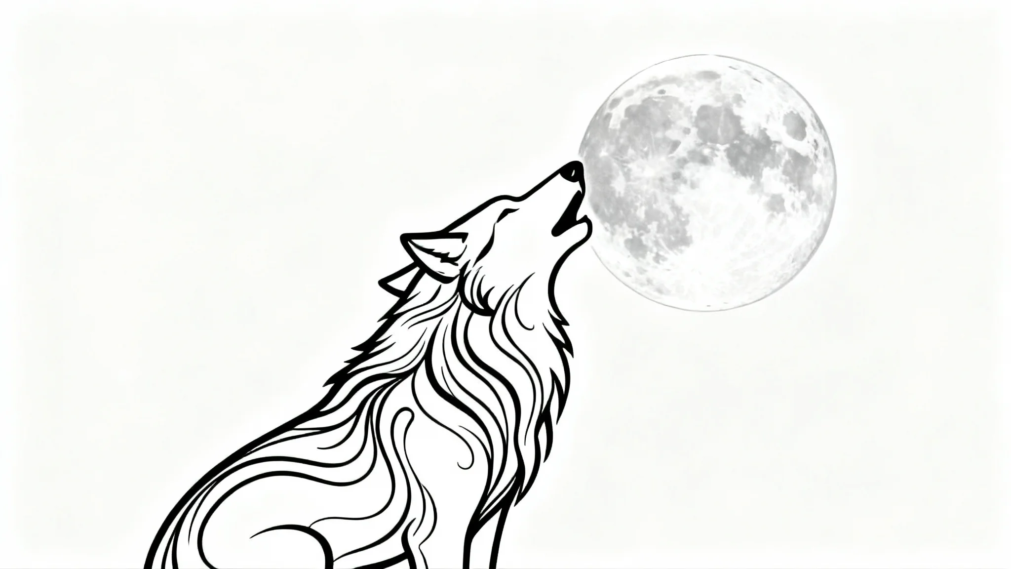 A minimalist black and white line art illustration of a wolf howling at the moon, drawn with a single continuous line on a clean white background.