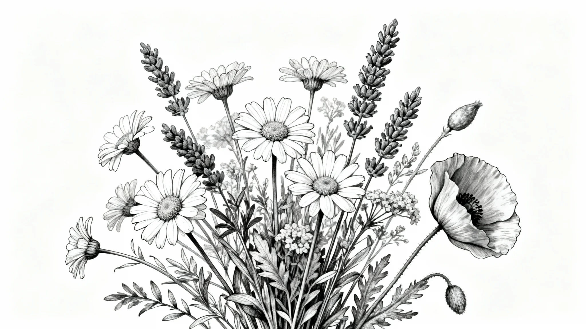 A detailed black and white line art illustration of a bouquet of wildflowers, centered on a clean white background. The style is minimalist and elegant.