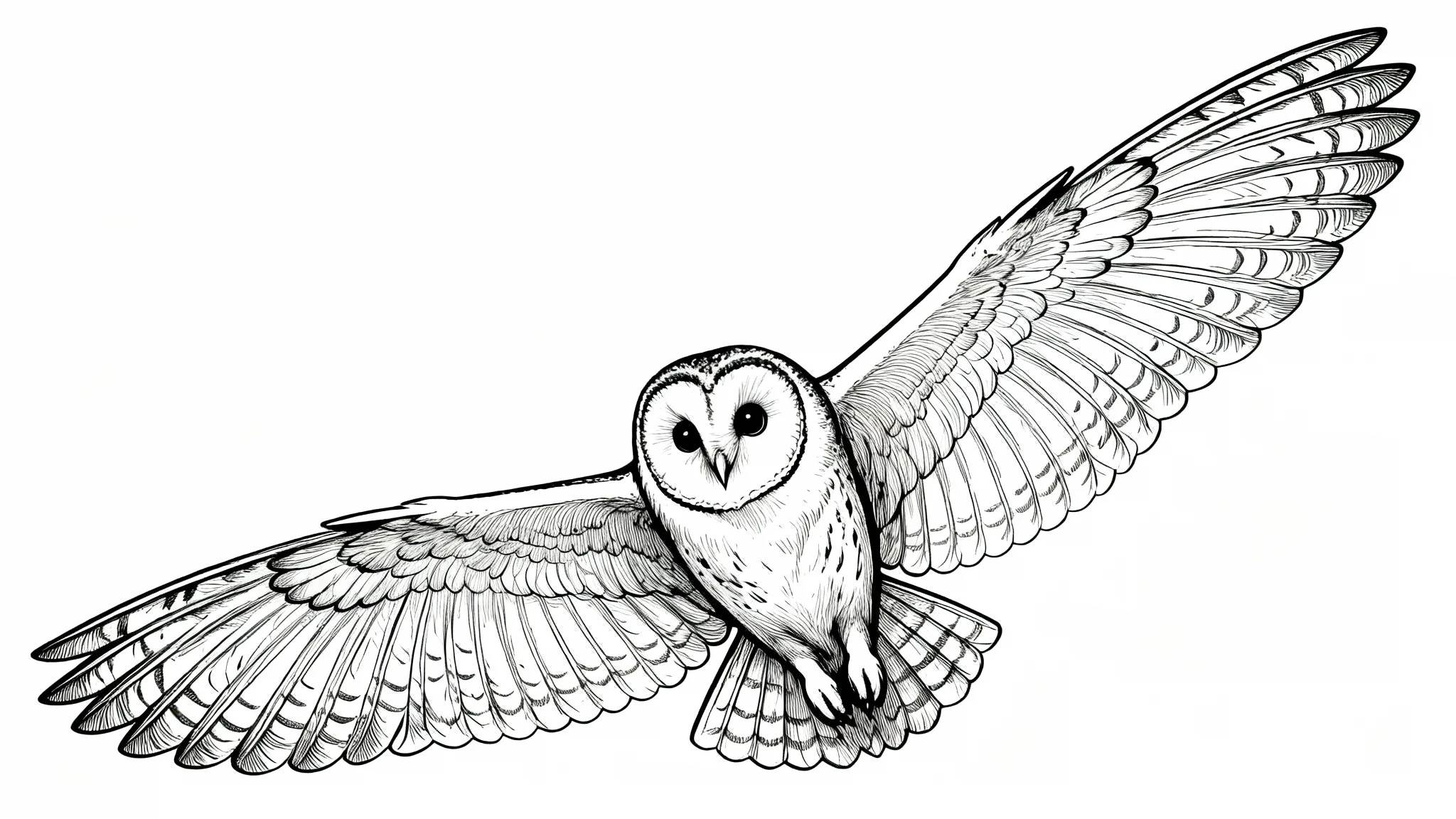 A detailed black and white line art illustration of a barn owl with its wings spread, flying against a plain white background.