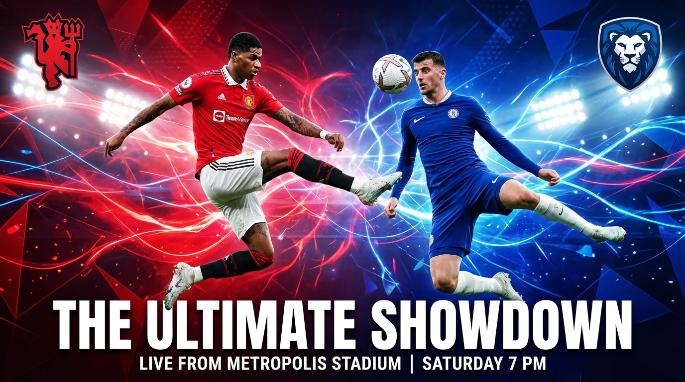 A professionally designed football match poster featuring two rival players in action against a vibrant background of red and blue. The poster includes fictional team logos and match details in bold, modern text.