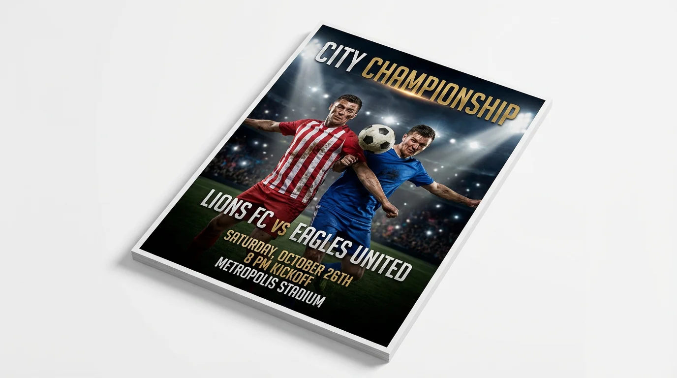 A professional mockup of a football match poster for a 'CITY CHAMPIONSHIP' game between 'LIONS FC' and 'EAGLES UNITED'. The poster features two players in action and is displayed against a plain white background.