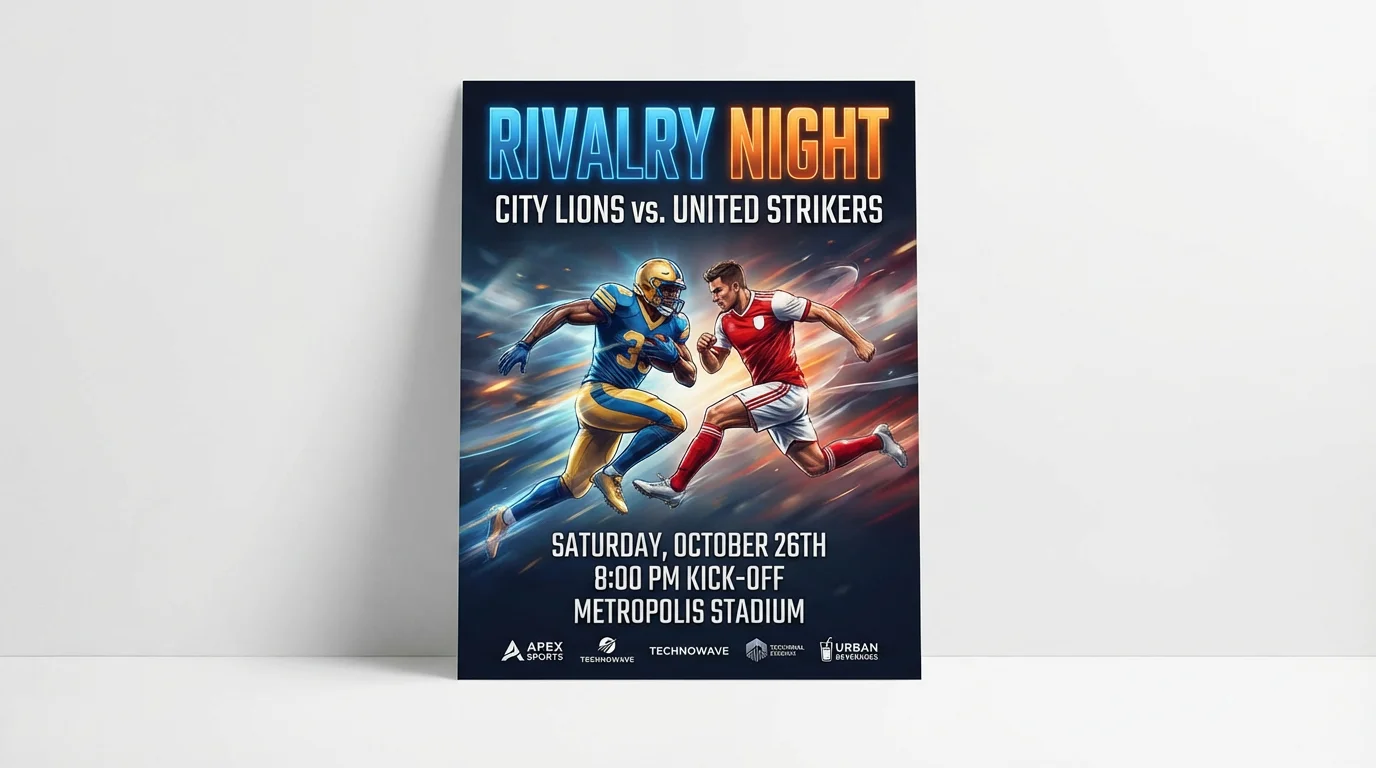 A professional mockup of a football match poster for a game between the 'City Lions' and the 'United Strikers', displayed against a plain white background.
