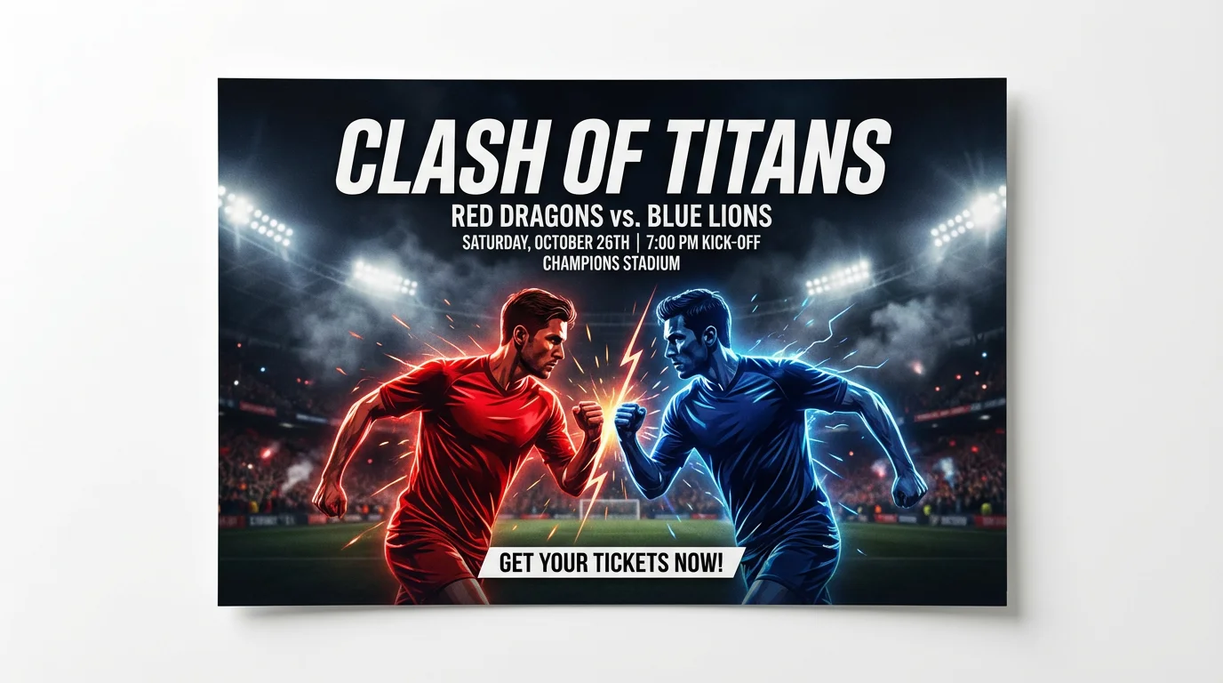 A mockup of a modern football match poster advertising an event called 'Clash of the Titans' between the Red Dragons and the Blue Lions, set against a plain white background.