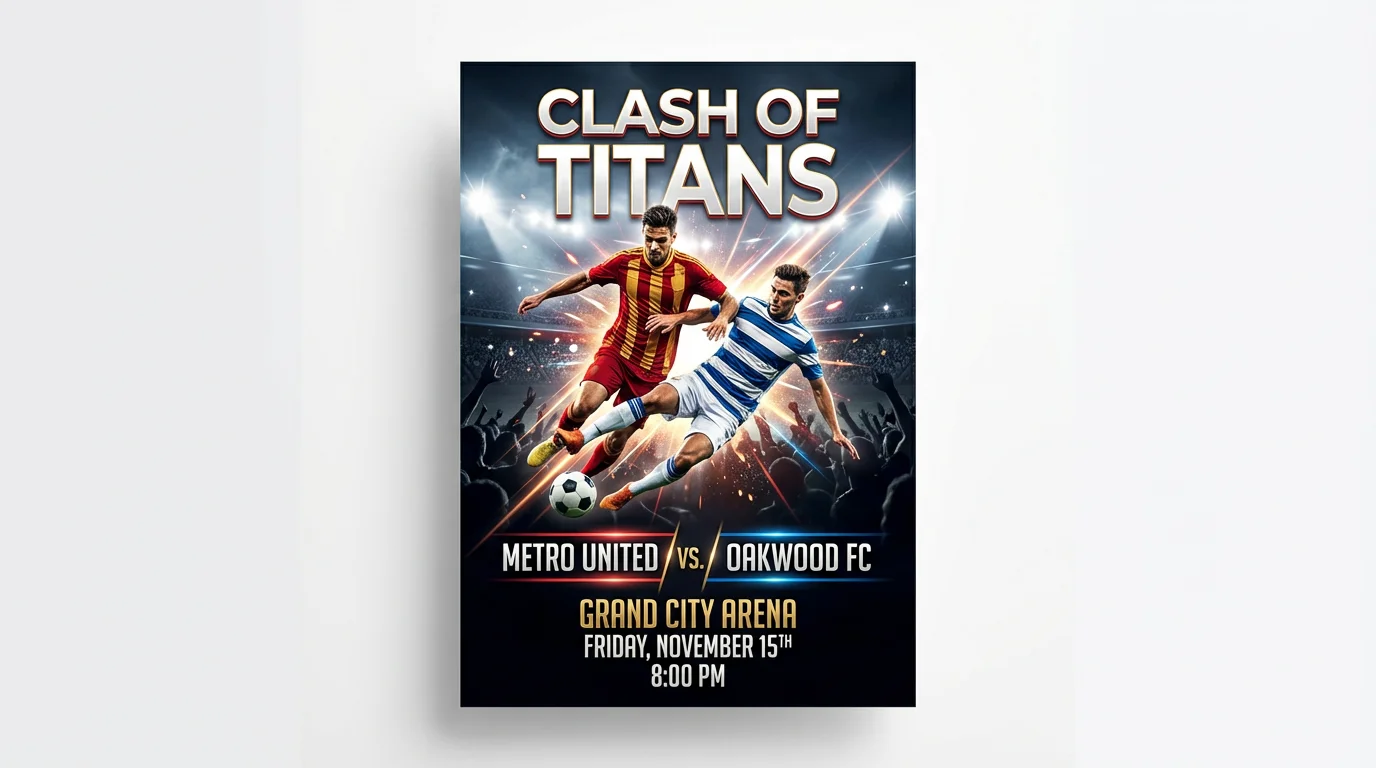 A professionally designed football match poster mockup featuring two players in action, for a game between Metro United and Oakwood FC, titled 'Clash of Titans'. The poster is shown against a plain white background.