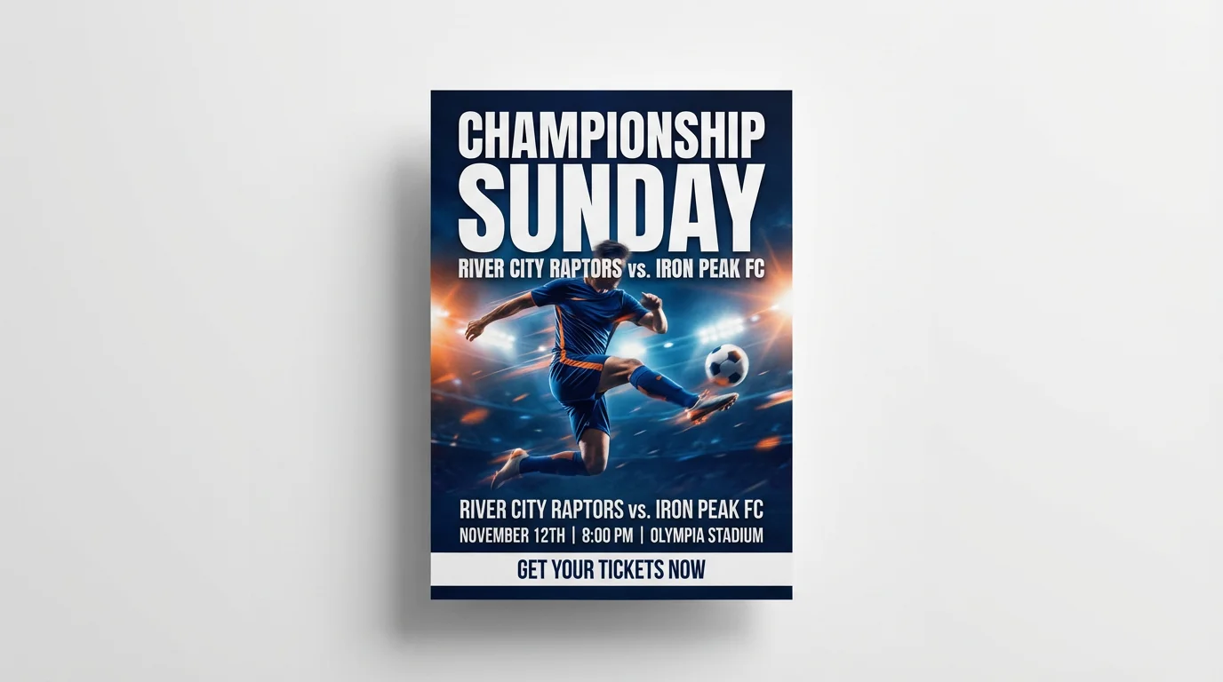A professional mockup of a football match poster for 'CHAMPIONSHIP SUNDAY' featuring the 'RIVER CITY RAPTORS vs. IRON PEAK FC', set against a clean white background.