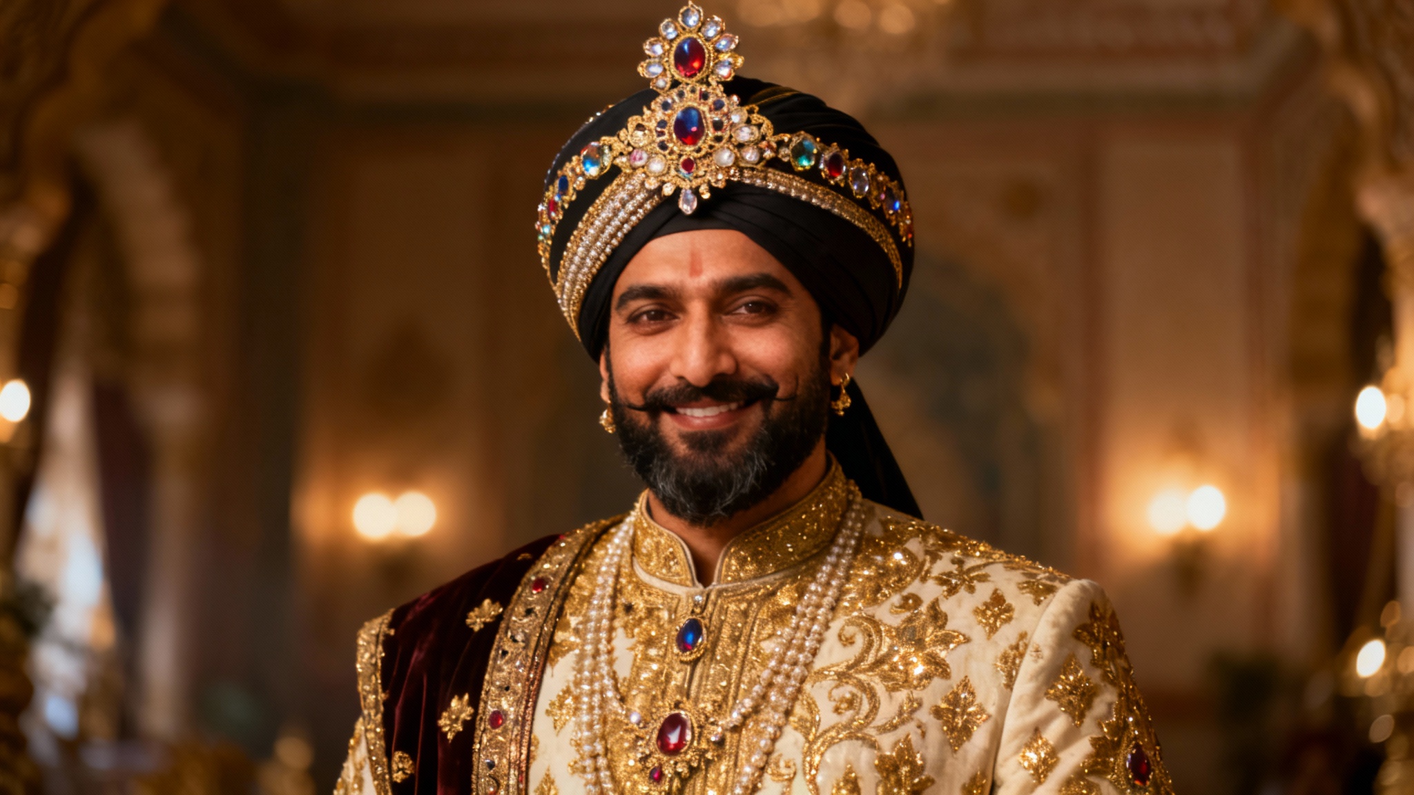 A majestic and highly detailed digital portrait of Maharaja Ranjit Singh in his full royal regalia, including a jeweled turban, looking dignified against a softly lit, grand palace background.