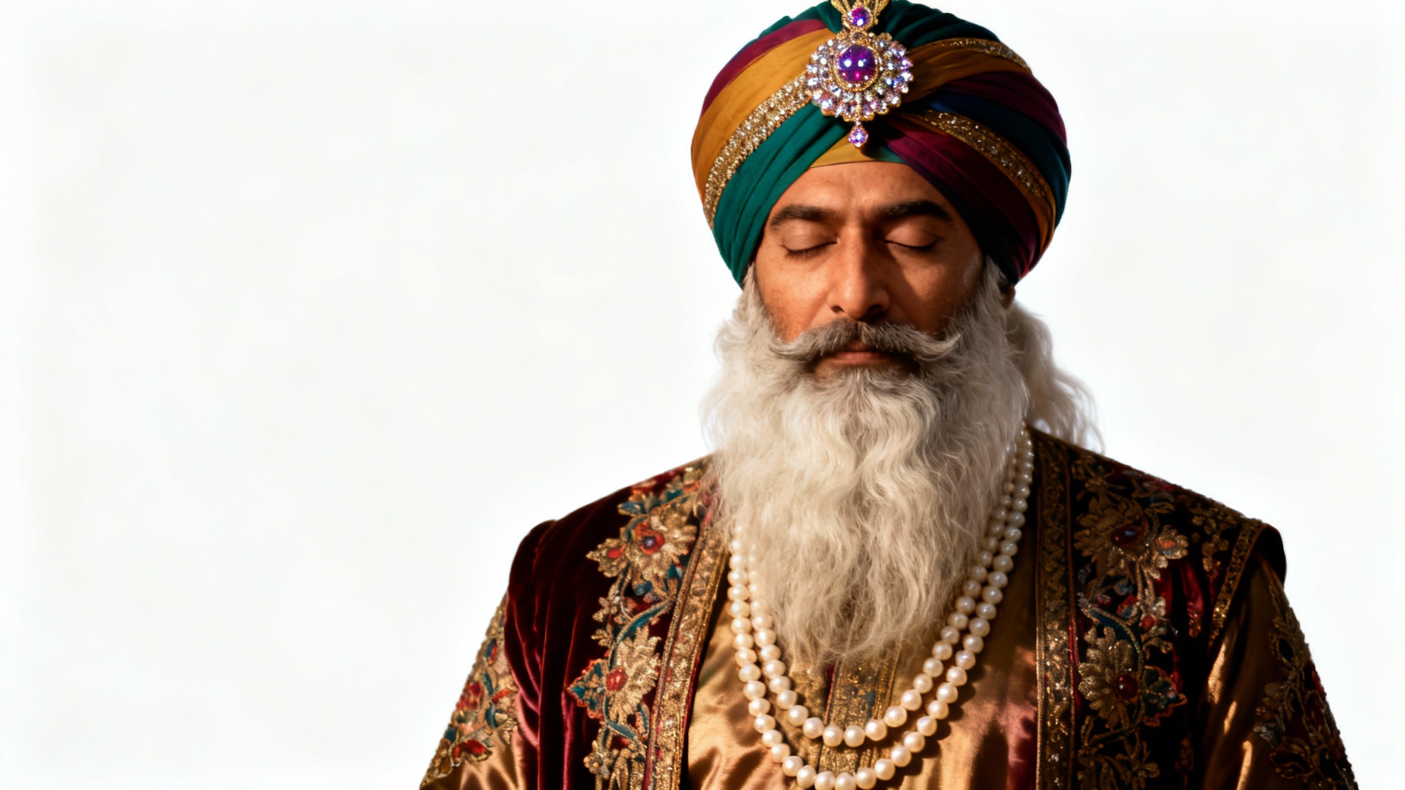 A photorealistic portrait of Maharaja Ranjit Singh, the one-eyed Sikh emperor, looking wise and powerful. He has a long white beard and wears a jeweled turban and opulent royal clothing against a clean white background.