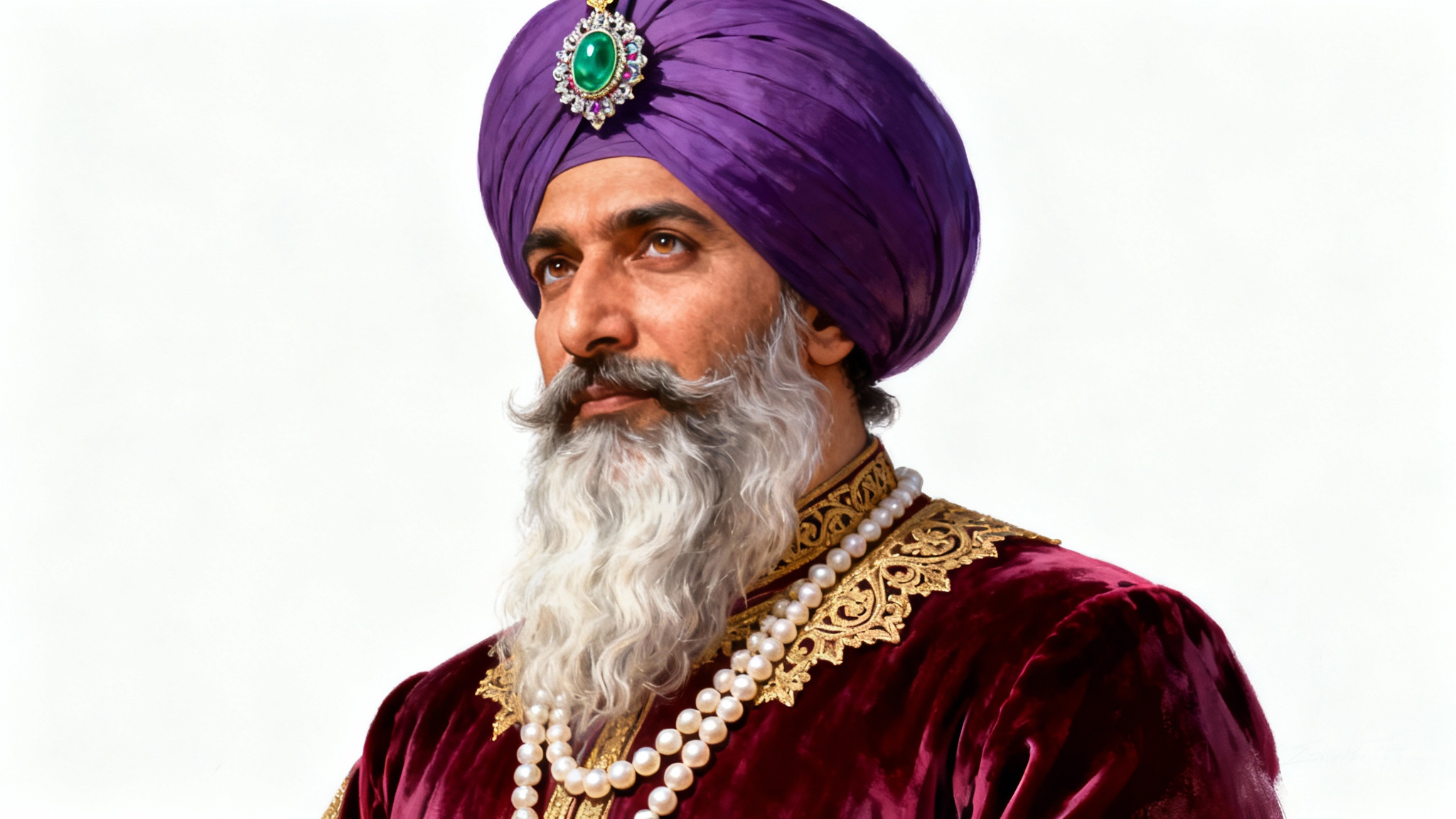 A majestic digital portrait of Maharaja Ranjit Singh in regal attire, featuring his long white beard, a single eye, and a jeweled turban, set against a clean white background.