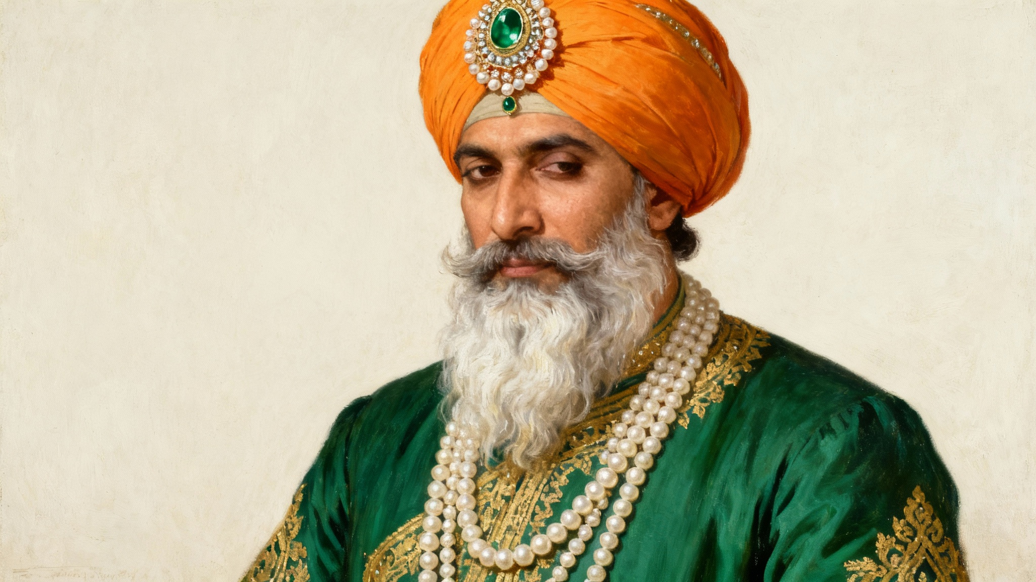 A regal, painterly portrait of Maharaja Ranjit Singh in his royal attire, including a bejeweled saffron turban and an emerald tunic, set against a plain off-white background.