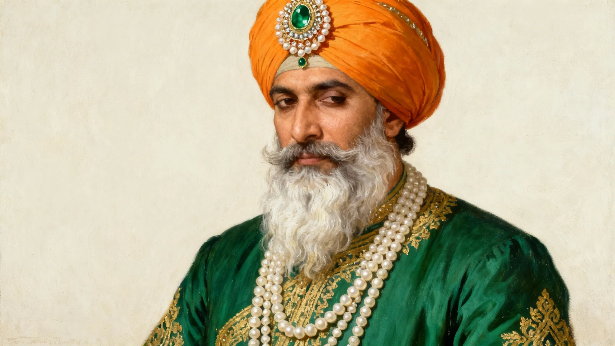 A regal, painterly portrait of Maharaja Ranjit Singh in his royal attire, including a bejeweled saffron turban and an emerald tunic, set against a plain off-white background.