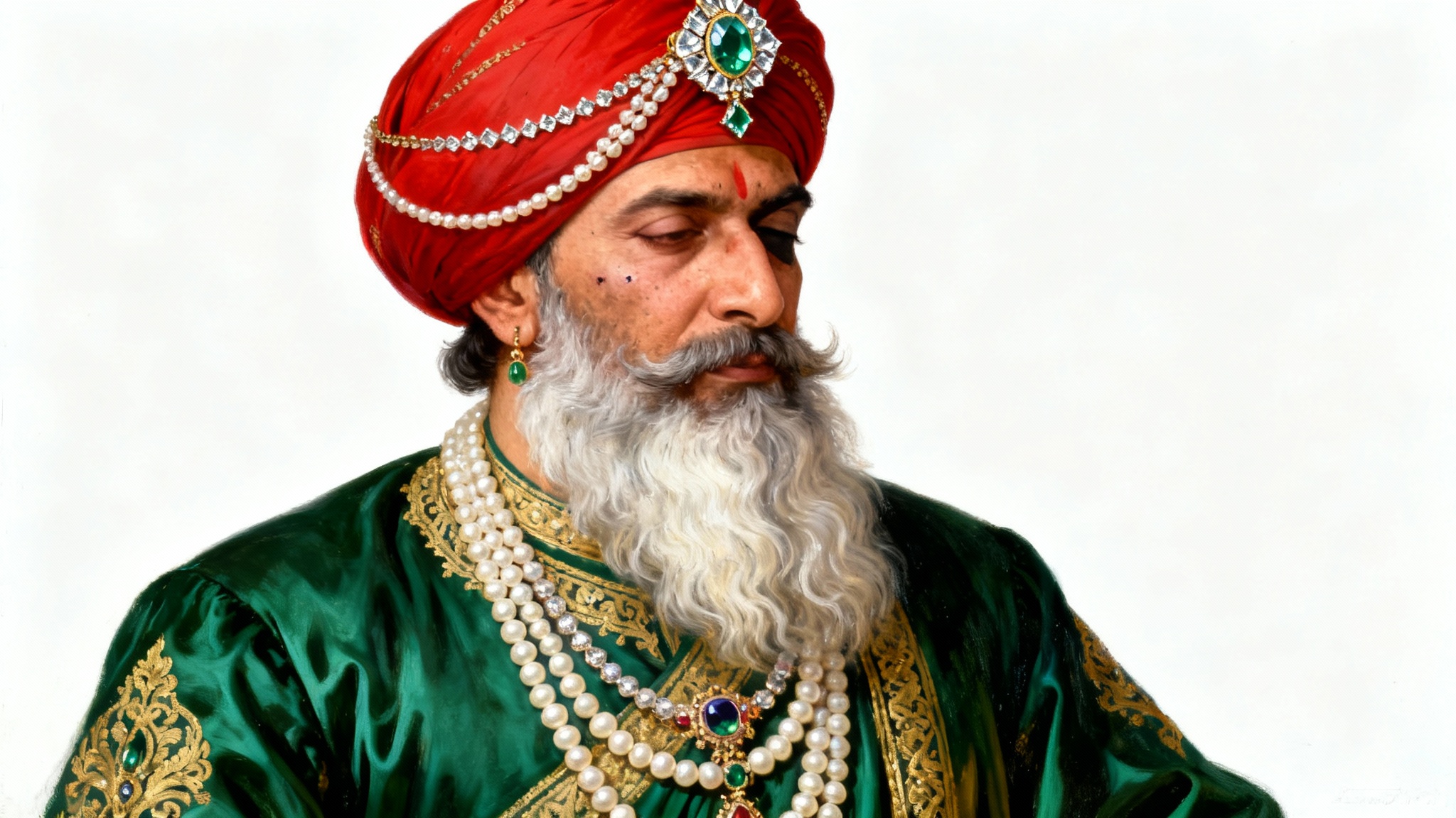 A regal, hyper-realistic portrait of Maharaja Ranjit Singh on a white background, dressed in opulent royal attire and a jeweled turban.