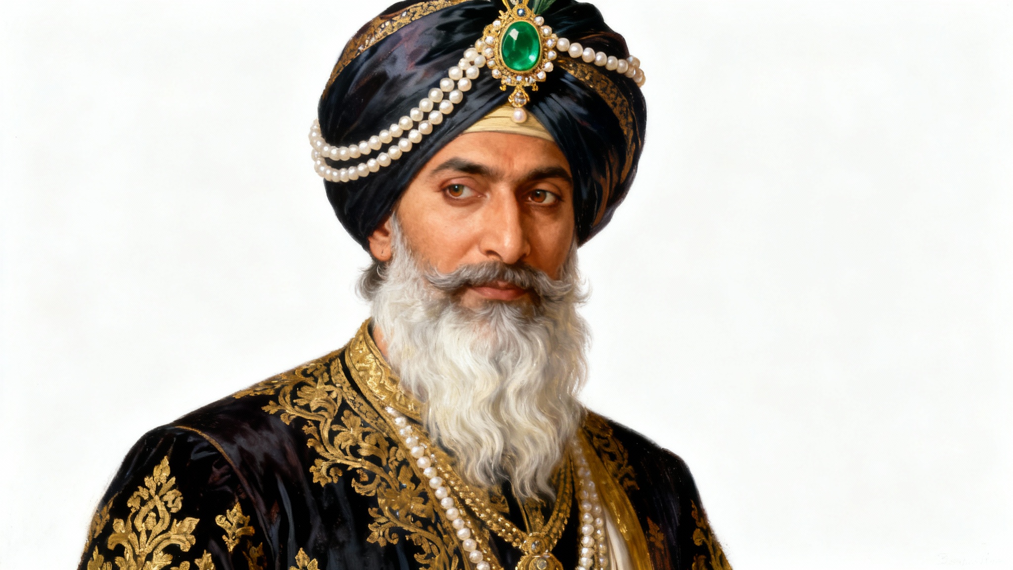 A classical, painted portrait of Maharaja Ranjit Singh, featuring his long white beard, single eye, and an elaborate turban with jewels, against a plain white background.