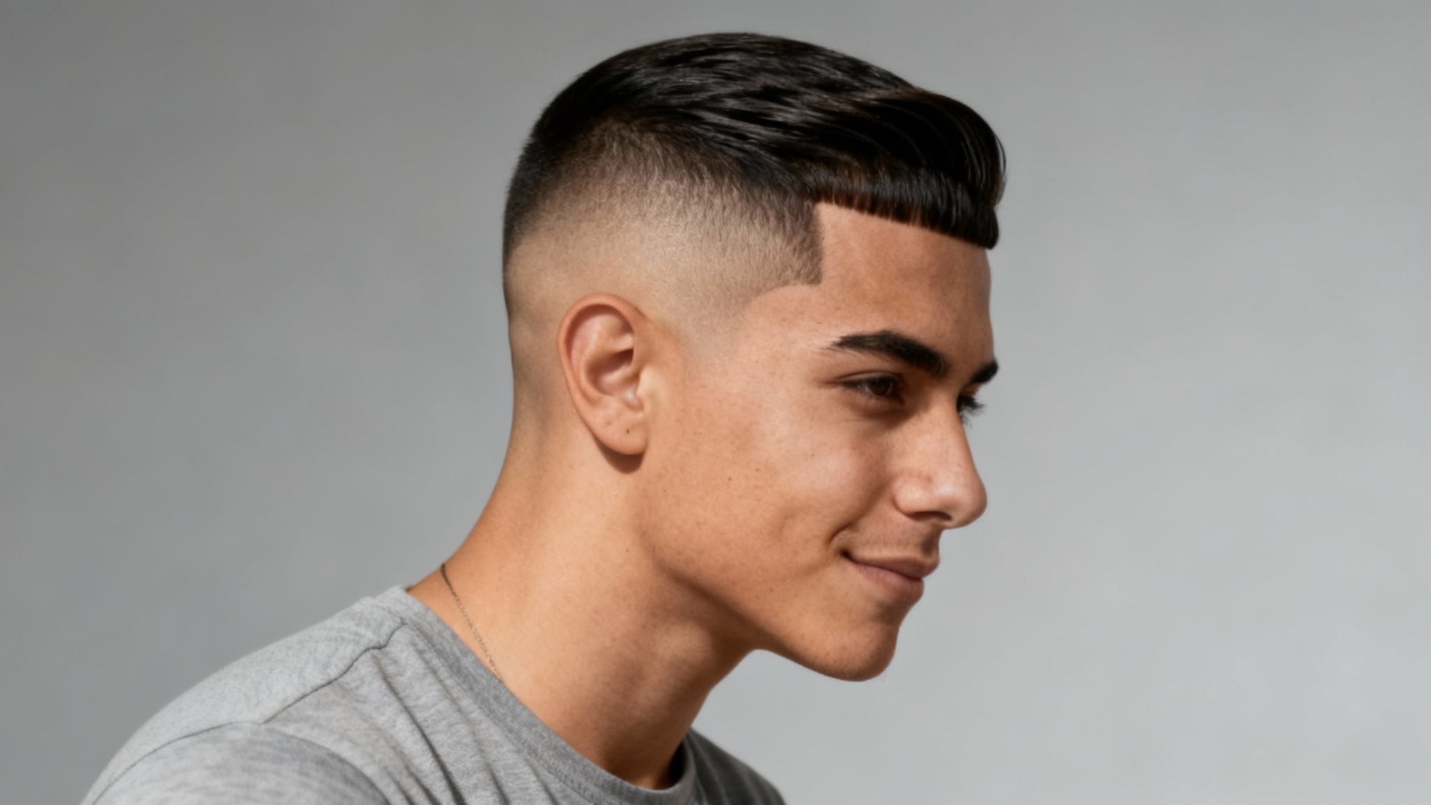 A stylish young Hispanic man in a profile shot, displaying a perfect low taper fade haircut against a neutral gray background.