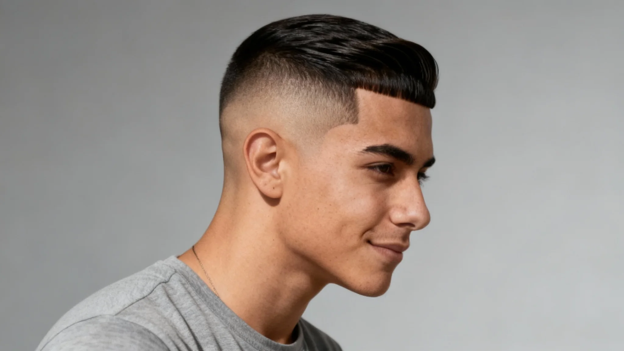 A stylish young Hispanic man in a profile shot, displaying a perfect low taper fade haircut against a neutral gray background.