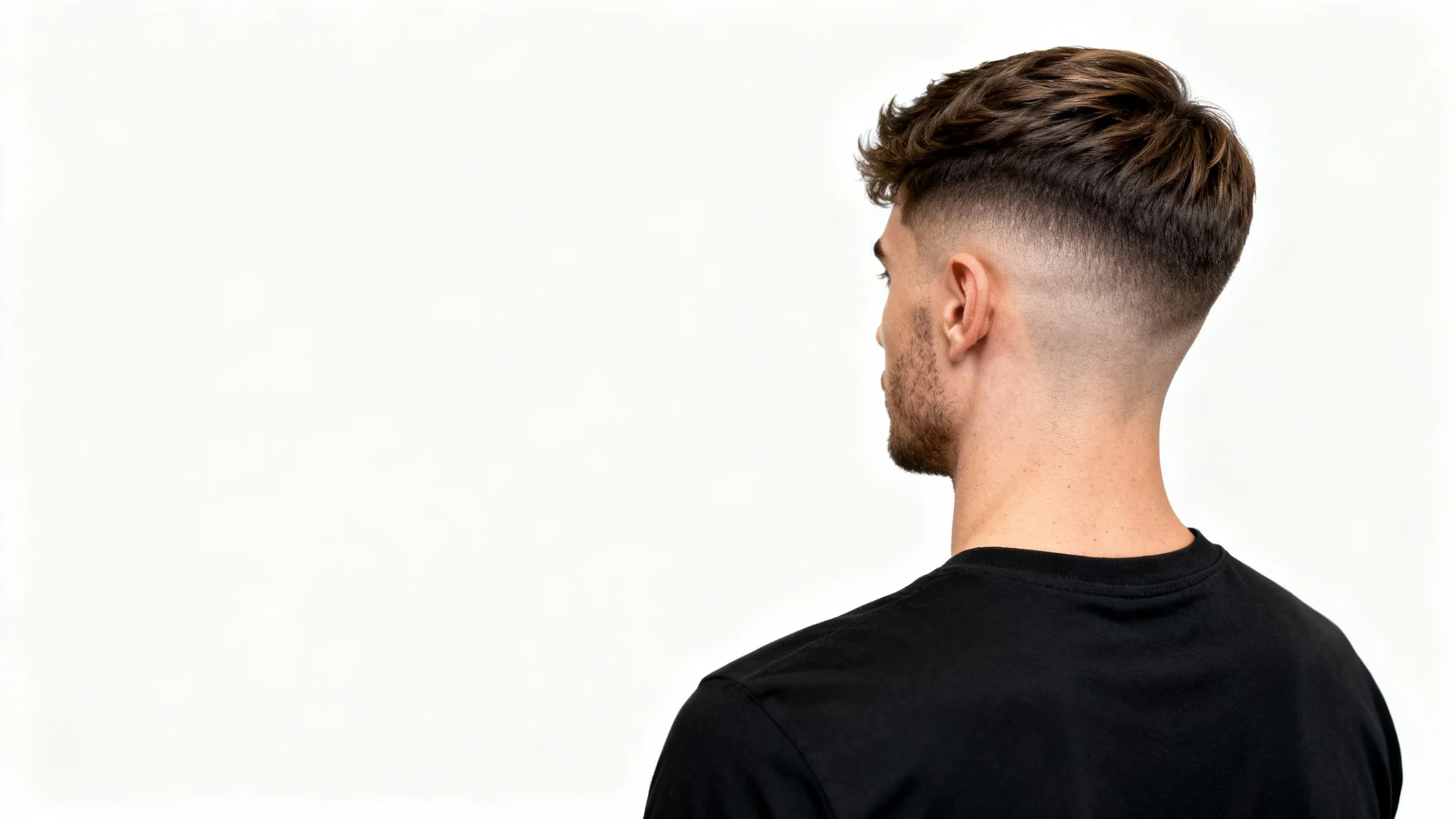 A close-up, three-quarter back view of a man with a stylish low taper fade haircut, set against a plain white background.