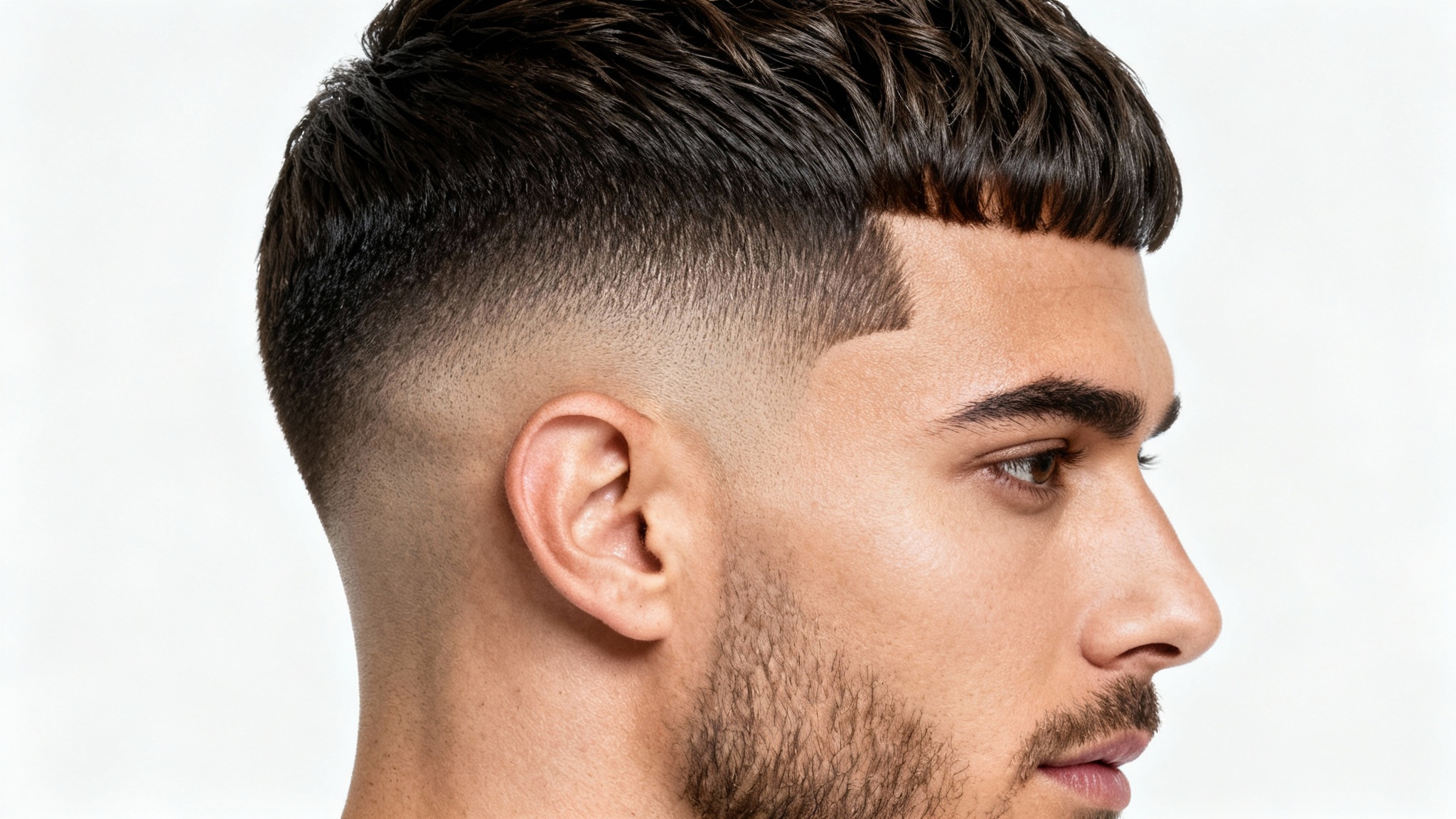 A close-up, side-profile photograph of a man showcasing a modern low taper fade haircut with sharp lines and a smooth blend, set against a clean white background.