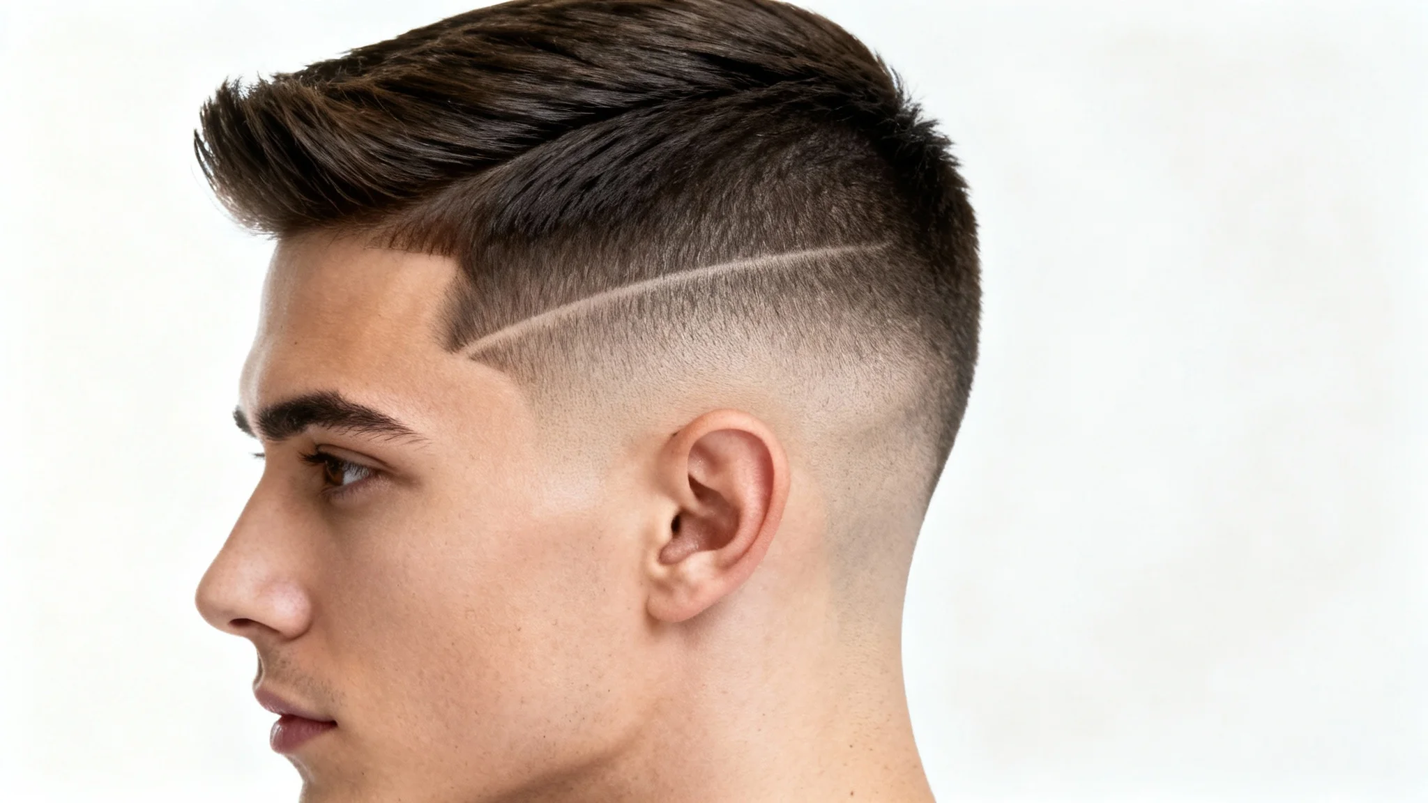 A close-up studio photograph of a man's low taper fade haircut, viewed from the side against a solid white background, highlighting the clean lines and gradual fade.