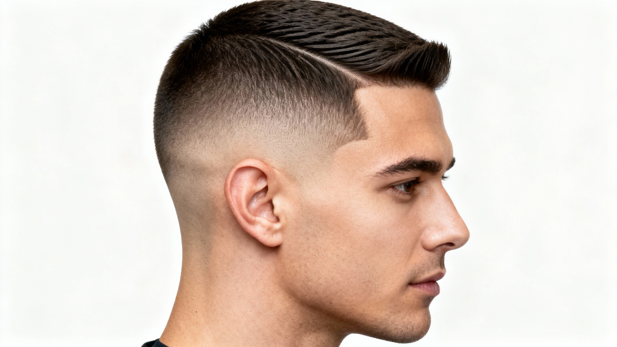 A high-definition, professional studio photograph showing a close-up of a man's head in profile, featuring a perfectly executed low taper fade haircut against a stark white background.